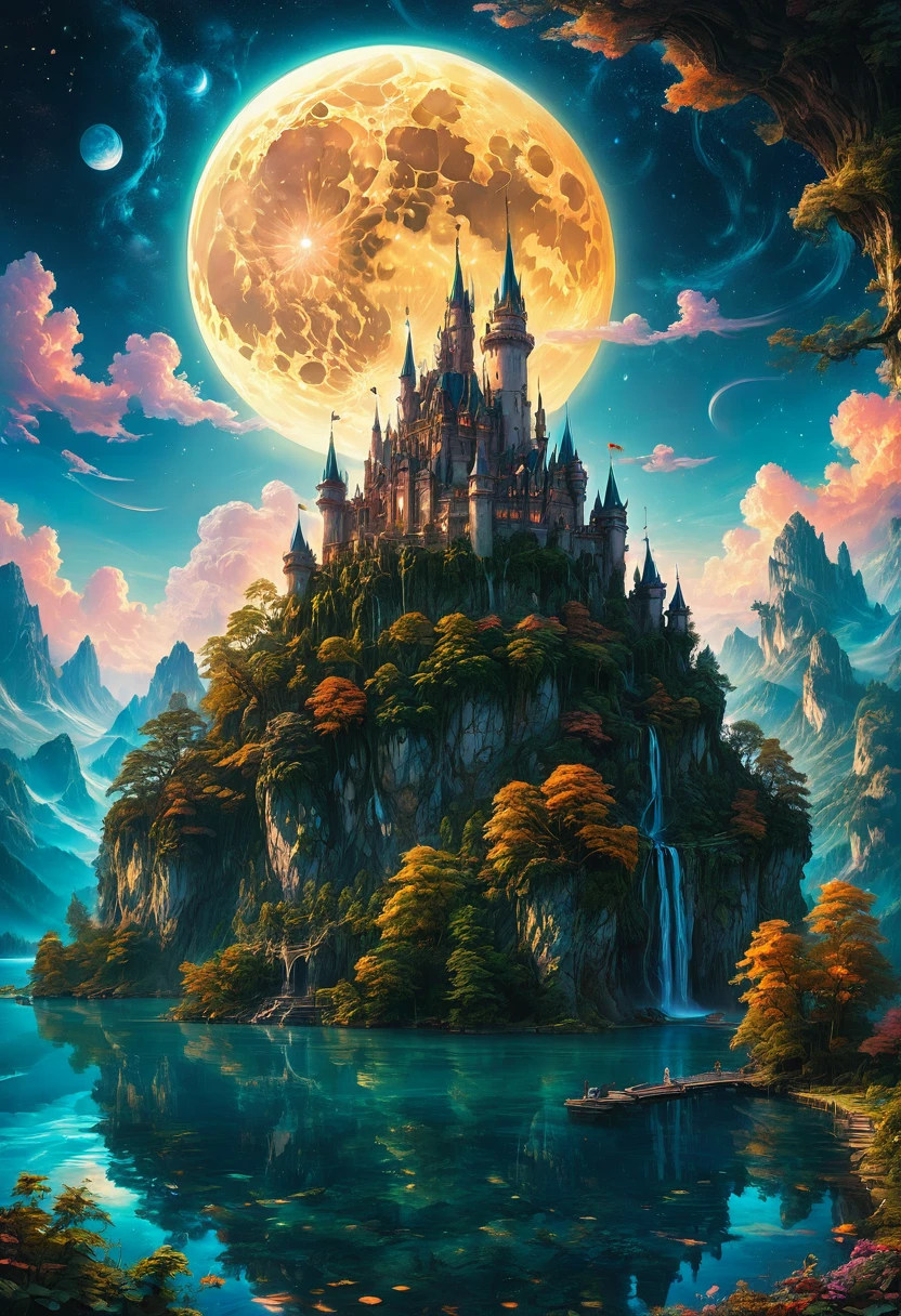 Dream Castle, aesthetic, Masterpiece, a castle with a full moon in the background and a lake in the foreground, beautiful detailed fantasy, magical castle, fantasy highly detailed, beautiful castle, beautiful art uhd 4 k, fantasy castle, 4k highly detailed digital art, magic fantasy highly detailed, detailed fantasy digital art, 4k fantasy art, fantasy fairytale story, ultra detailed fantasy, digital art inspired by Marc Simonetti, Artstation contest winner, fantasy art