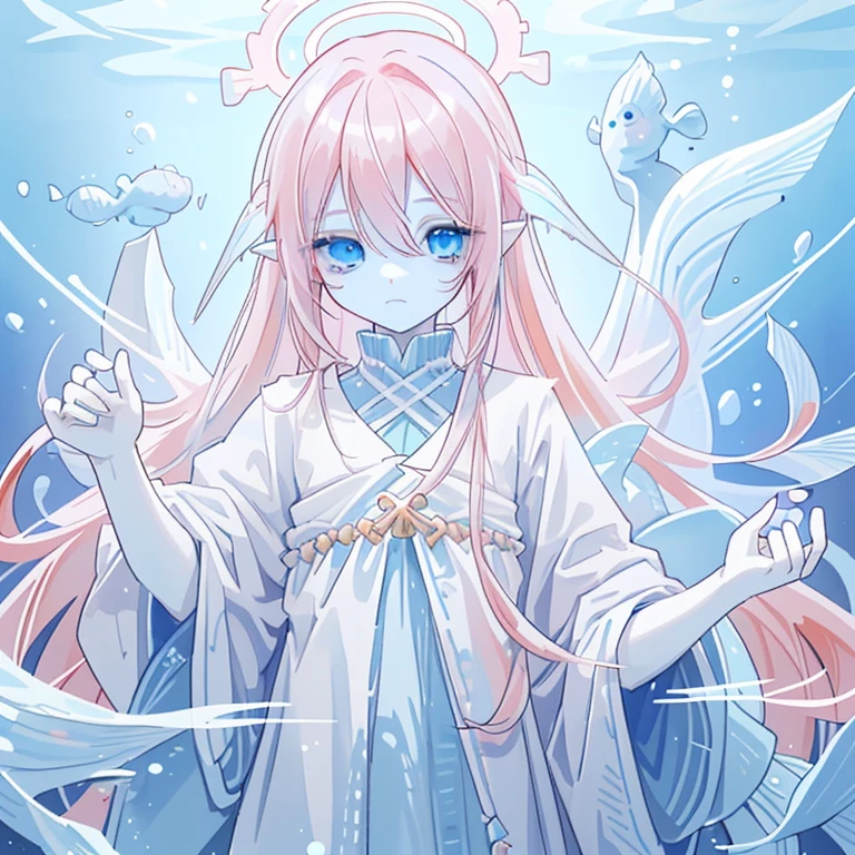 He has blue eyes, long pink hair with blue tips, white skin, and is surrounded by small fish and sponges. Wearing blue ancient Greek clothing It has creepy fish ears.