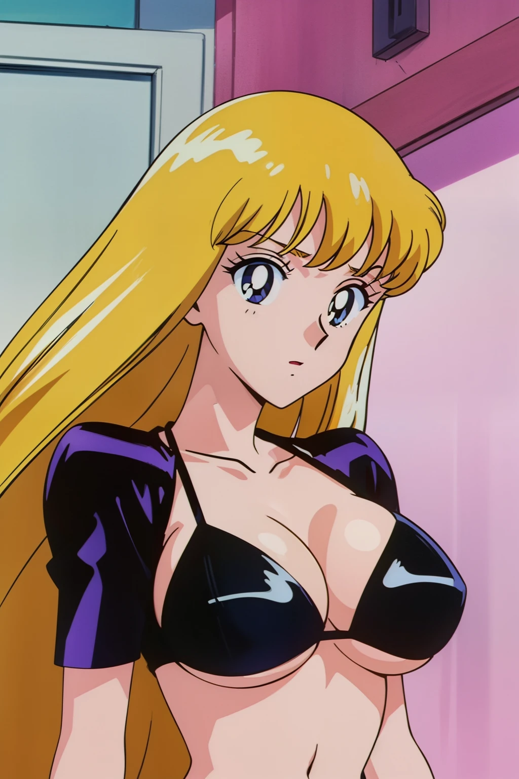 (anime cels style, Masterpiece, best quality, high resolution, anime colored, megami magazine:1.2, anime poster style, anime keyvisual, sharp, 8k, photorealistic), (beautiful eyes:1.5), reiko_aiwaifu, 1woman, milf, blond hair, long hair, (sagging huge breast), micro bikini, cleavage, (upper body:1.5), standing, (perfect detailed anatomy, perfect arms, perfect fingers, beautiful face, perfect body, shiny skin), simple background:1.5,