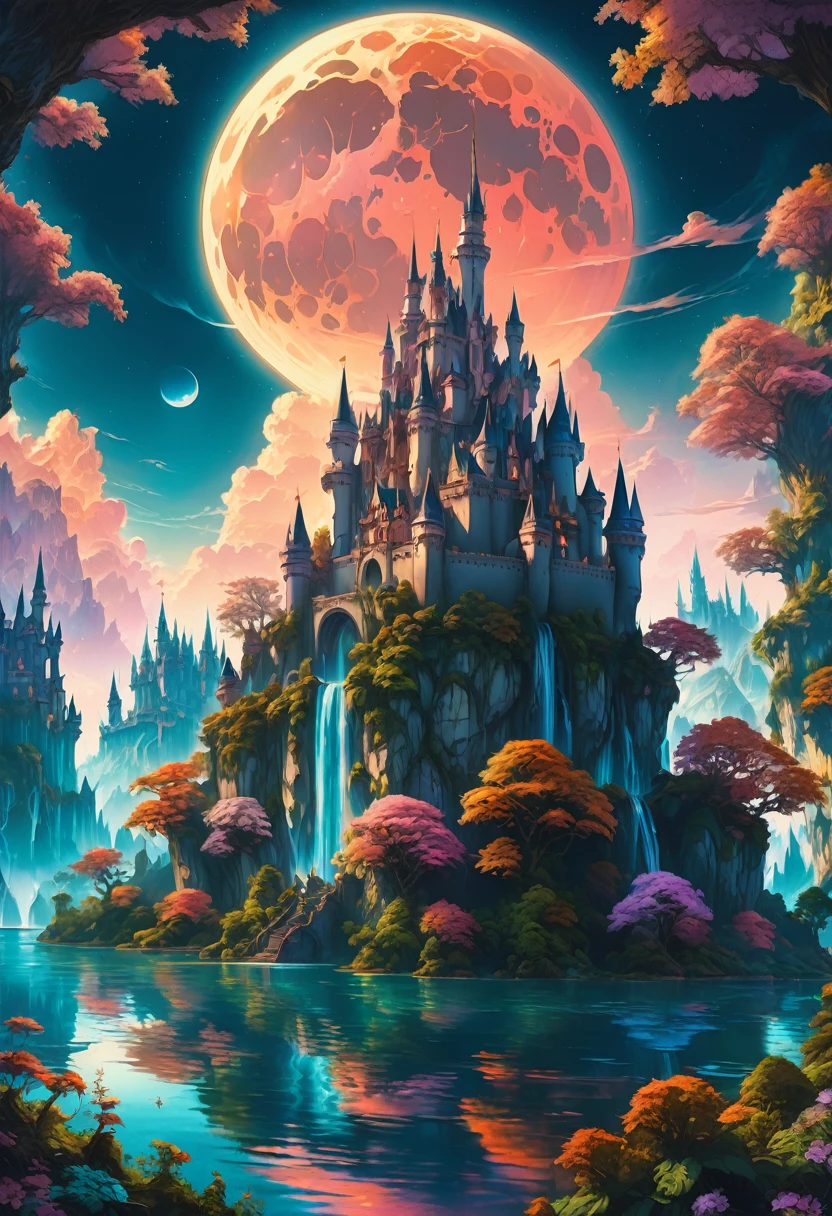 Dream Castle, aesthetic, Masterpiece, a castle with a full moon in the background and a lake in the foreground, beautiful detailed fantasy, magical castle, fantasy highly detailed, beautiful castle, beautiful art uhd 4 k, fantasy castle, 4k highly detailed digital art, magic fantasy highly detailed, detailed fantasy digital art, 4k fantasy art, fantasy fairytale story, ultra detailed fantasy, digital art inspired by Marc Simonetti, Artstation contest winner, fantasy art