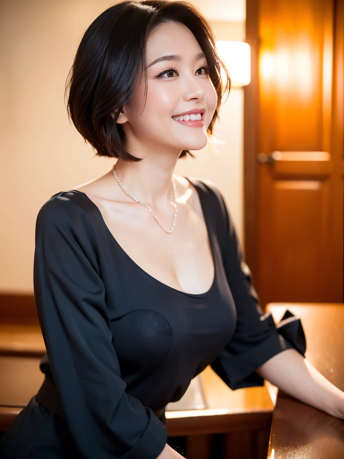 (highest quality, 8k, 32k, masterpiece, Ultra-high resolution:1.2),Beautiful Japanese Women Photos, standard body type、（D cup breasts:1.4), Very short bob hair,Upper Body,Face Focus,（black formal blouse：1.4）、（Black ruffled blouse:1.6）,（Pearl Necklace:1.4), （Midnightの工場事務室:1.6), The viewer is looking at her from the side, Observe the audience、（smile：1.3）、（教会の薄Dark Room：1.6）、（Only candlelight：1.5）、Dark Room、Midnight