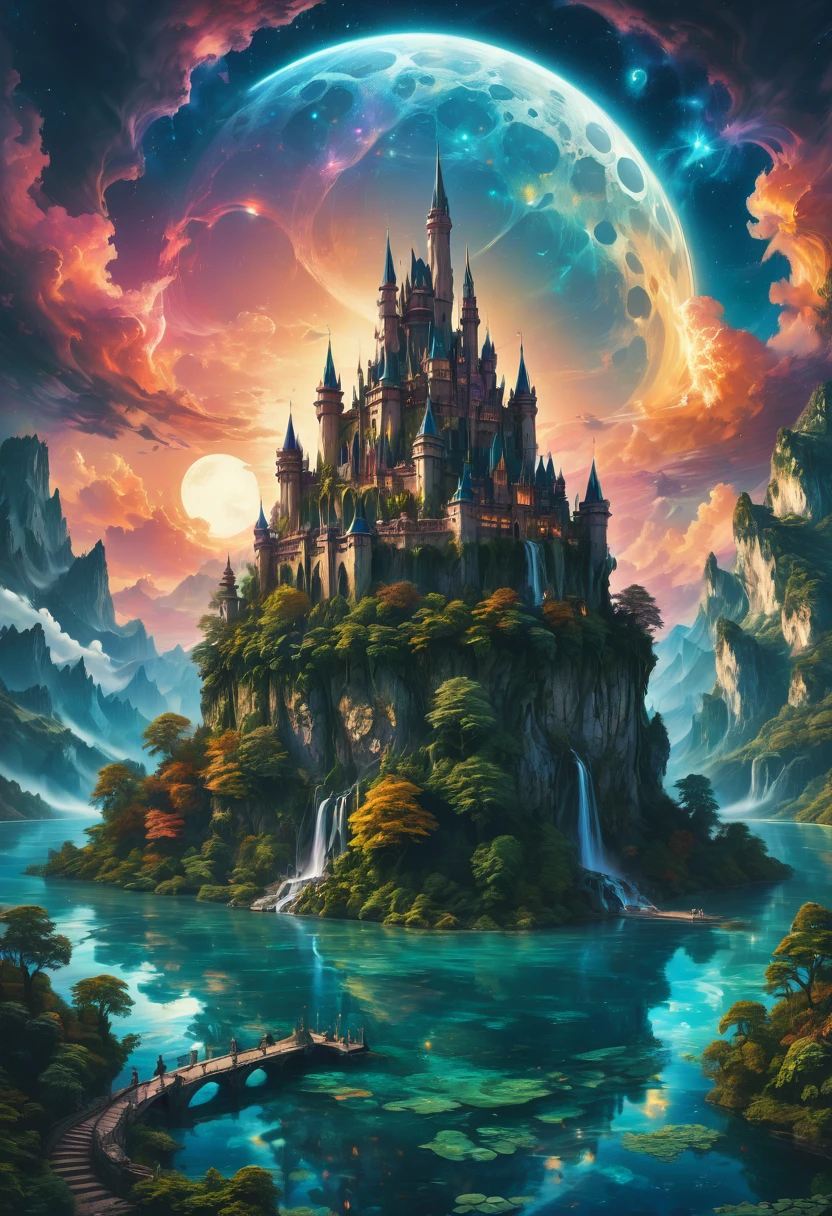 Dream Castle, aesthetic, Masterpiece, a castle with a full moon in the background and a lake in the foreground, beautiful detailed fantasy, magical castle, fantasy highly detailed, beautiful castle, beautiful art uhd 4 k, fantasy castle, 4k highly detailed digital art, magic fantasy highly detailed, detailed fantasy digital art, 4k fantasy art, fantasy fairytale story, ultra detailed fantasy, digital art inspired by Marc Simonetti, Artstation contest winner, fantasy art