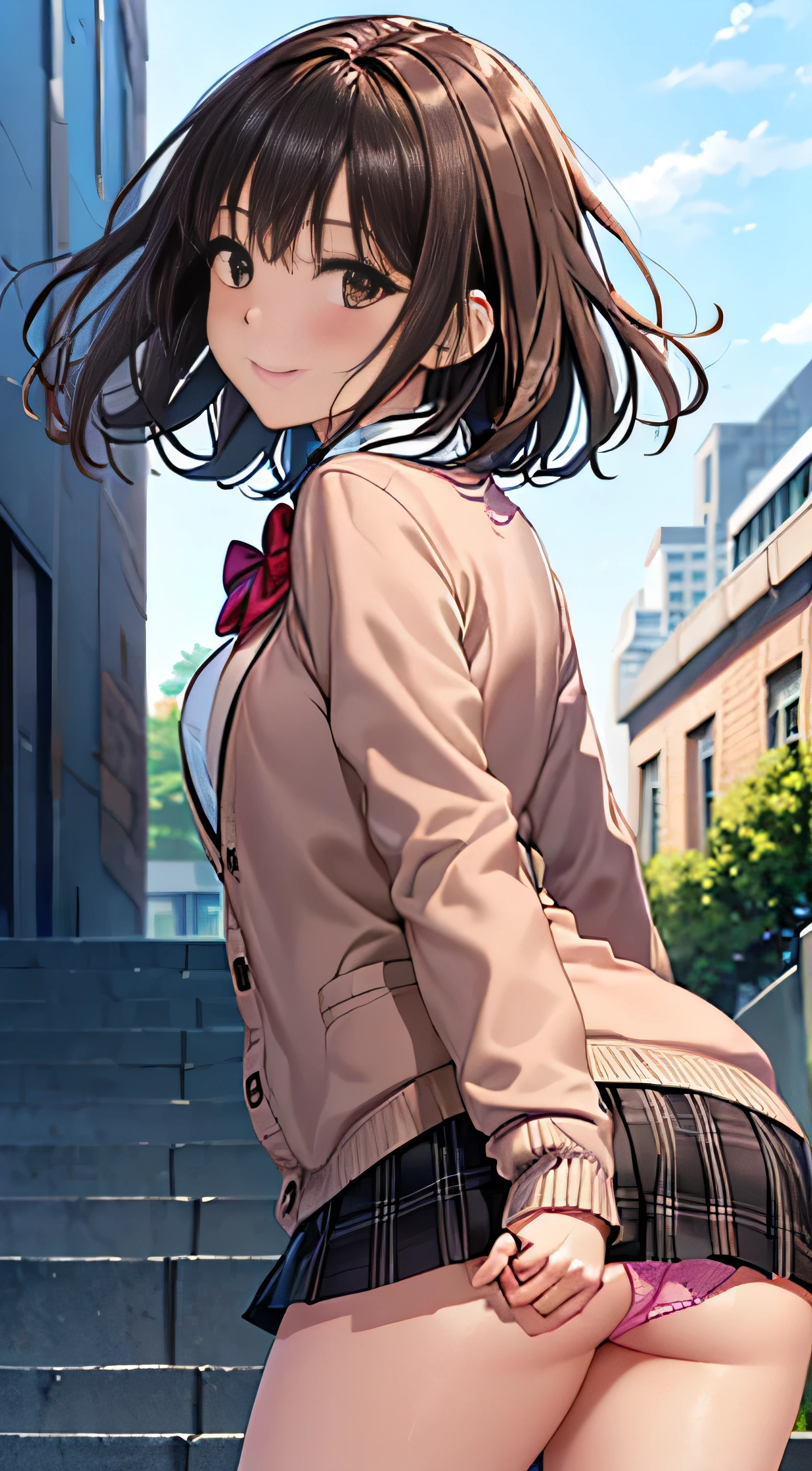 ((Tabletop, highest quality, High resolution, Hmph, Perfect Pixel, 4K, Hmph, Hmph))), One Girl, single, alone, Beauty、The whole body is visible、 ((Mid-wave hair, bangs, Brown Hair)), ((Brown eyes, Beautiful eyelashes, Realistic eyes)), ((Detailed face, Blushing:1.2)), ((Smooth texture:0.75, Realistic texture:0.65, Realistic:1.1, Anime CG Style)), Medium chest, Dynamic Angle, Perfect body, ((Red bow tie, , Black jacket, Open jacket, Brown cardigan, White shirt, Black Skirt, Checked skirt)), City stairs、Looking up from the bottom of the stairs、Very embarrassing panic smile, looked back、Leaning forward、(The wind blew up her skirt, exposing her buttocks....................、Touch your buttocks with both hands、Light pink and red floral lace panties)、