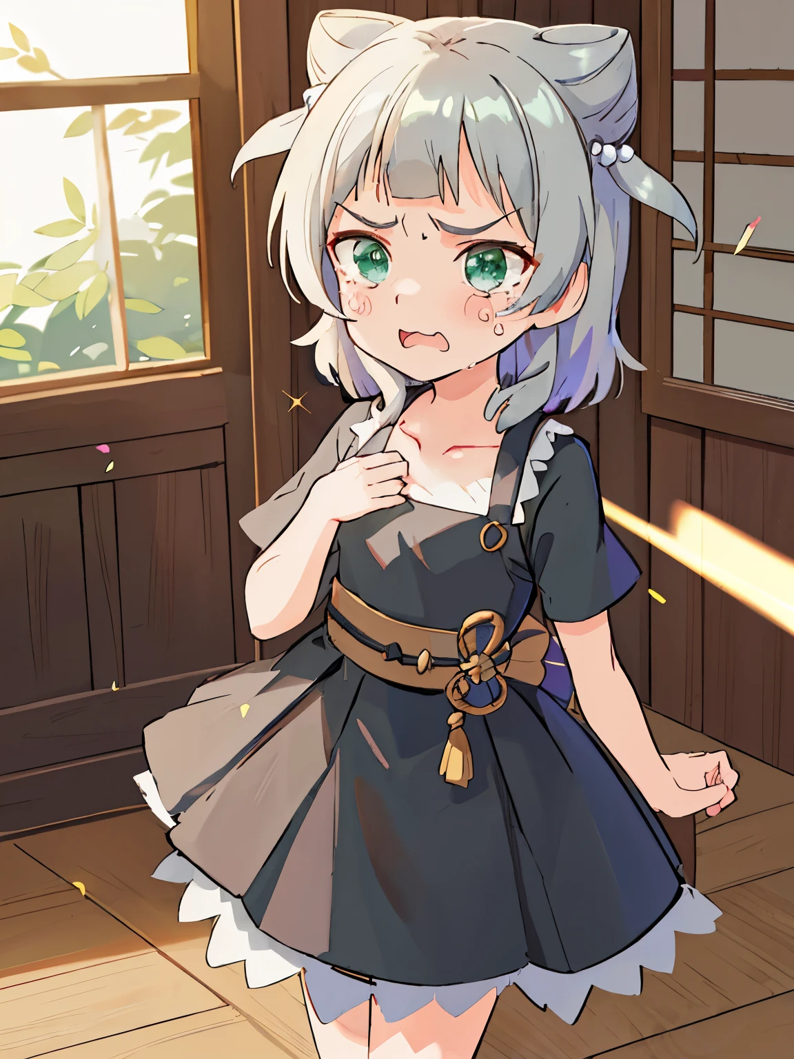 highest quality,Very detailed,indoor, ((Black dress)), clavicle,Are crying, alone, Green Eyes, Grey Hair, hair ornaments, bangs, Virtual YouTuber, Shine, blunt bangs, Double good, Animal ears, Lens flare, Flat Chest,evening,Angry,Japanese-style room,Open your mouth