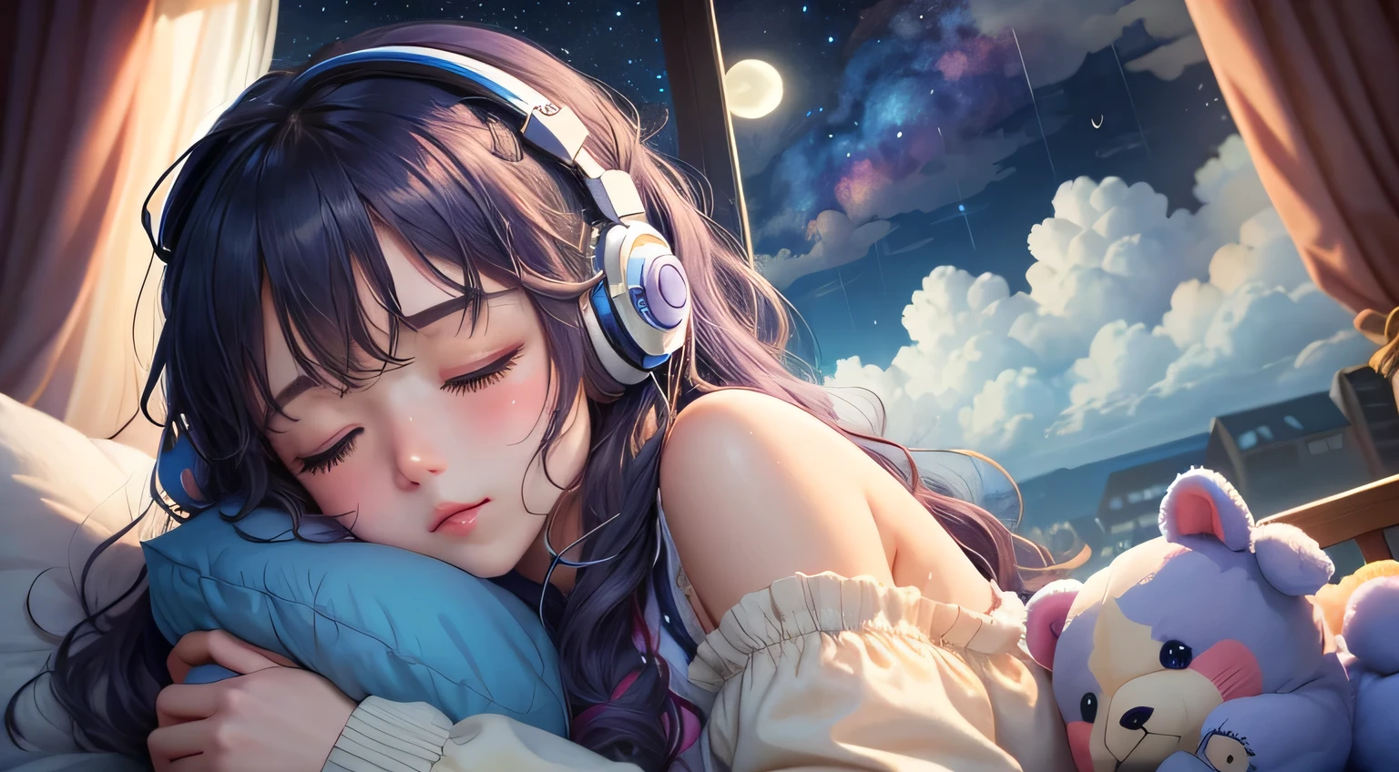 colorful、on clouds、kosmos、night, Big Moon in window、realistic、The girl is sleeping、She wears delicate headphones that blend into her hair, Only one stuffed animal、closed eyes, hugging pillow、超A high resolution, 
outdoor rain