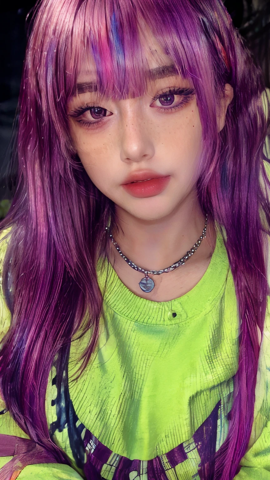 masterpiece, highest quality,Realistic,Absurd,One girl,View your viewers,Egirl_face, night, street, face detail, face retouch,笑face, Laughter, Thin bangs, chain, blush, freckles, Rainbow Hair, Full Body View, Oversized sweatshirt,She is leaning forward and her chest is visible.