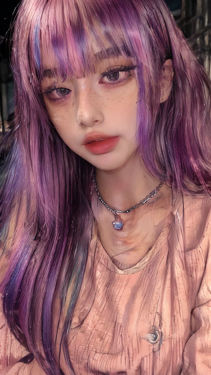 masterpiece, highest quality,Realistic,Absurd,One girl,View your viewers,Egirl_face, night, street, face detail, face retouch,笑face, Laughter, Thin bangs, chain, blush, freckles, Rainbow Hair, Full Body View, Oversized sweatshirt,She is leaning forward and her chest is visible.