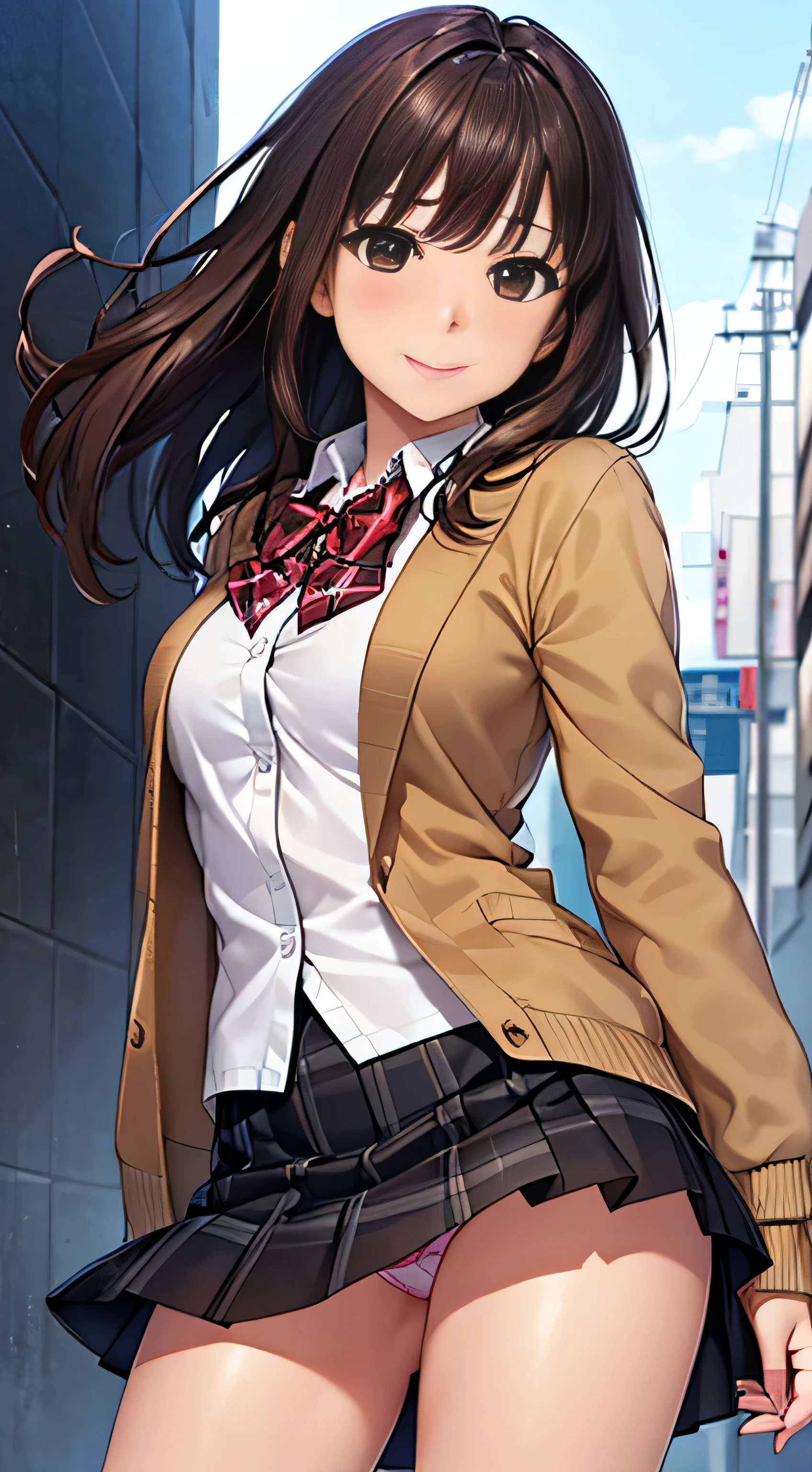 ((Tabletop, highest quality, High resolution, , Perfect Pixel, 4K,))), 1 high school girl, single, alone, Beauty、The whole body is visible、 ((Mid-wave hair, bangs, Brown Hair)), ((Brown eyes, Beautiful eyelashes, Realistic eyes)), ((Detailed face, Blushing:1.2)), ((Smooth texture:0.75, Realistic texture:0.65, Realistic:1.1, Anime CG Style)), Medium chest, Dynamic Angle, Perfect body, ((Red bow tie, , Black jacket, Open jacket, Brown cardigan, White shirt, Black Skirt, Checked skirt)), 、、Very embarrassing panic smile, looked back、Leaning forward、The wind makes all of my panties visible、Touch your buttocks with both hands、Light pink and white floral lace panties、Angle from below)、