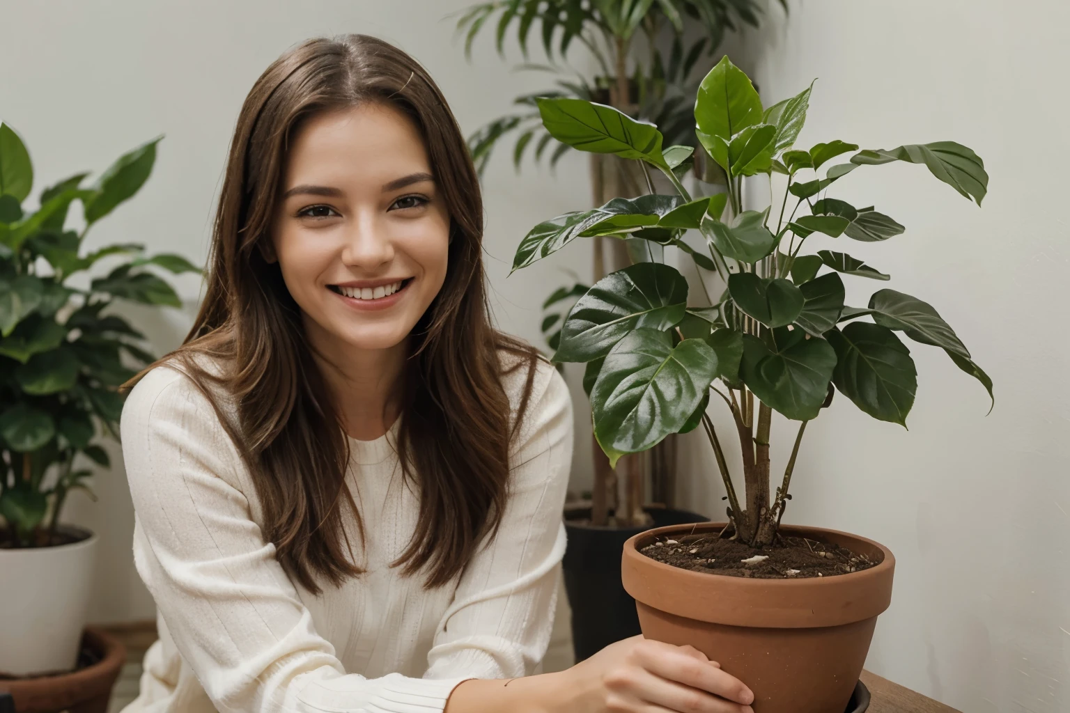 A happy expression when looking at a plant growing well