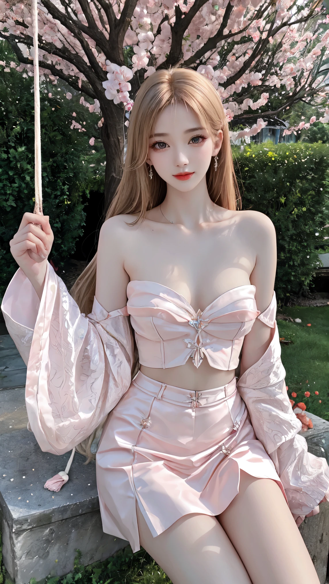 1girl,short skirt,Two piece fashionable outfit, (masterpiece, best quality:1.2), 1 girl, Solitary, ((Bare shoulders, The skirt is short)), Random scenes, Random shooting angles, Sexy models,Slender sexy legs,Very good legs,Show sexy legs,Big breasts, Large Breasts,beautymystery的色彩。脸庞beauty而精致,Otherworldly beauty。The light of wisdom。cherry colored lips,Revealing confidence and composure。The face is well defined,Skin as white as jade,Reveal healthy glow,Light and delicate makeup,Show temperament and charm。Skin transparency,Bright and Vibrant。Charm and sophistication。Clothes fluttering,Action swing。beauty的风景线,Attractive posture。Large Breasts, beauty,grace,mystery,dream。