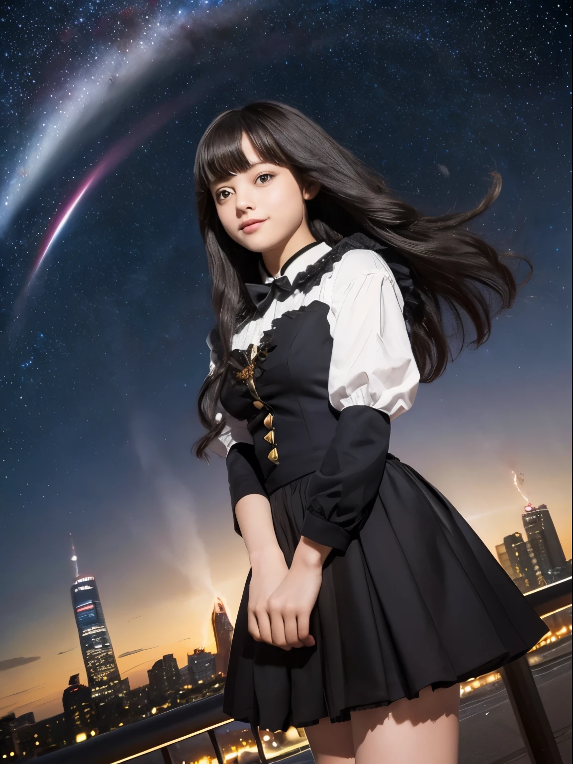 ((masterpiece)), (((highest quality))), ((Very detailed)), ((figure)), ((Disheveled Hair)), Beautiful fine details, (One girl:1.2), (alone), Dynamic Angle, Black Magician Girl, (Black knee-high socks:1.1), (Starry sky tornado:1.4), nebula, ((Frills)), Beautifully detailed skies, Beautiful fine details, Wicked Smile, Expressionless, Hair between the eyes, Gray Hair, Pleated skirt, ((Disheveled Hair)),16 years old,NFSW