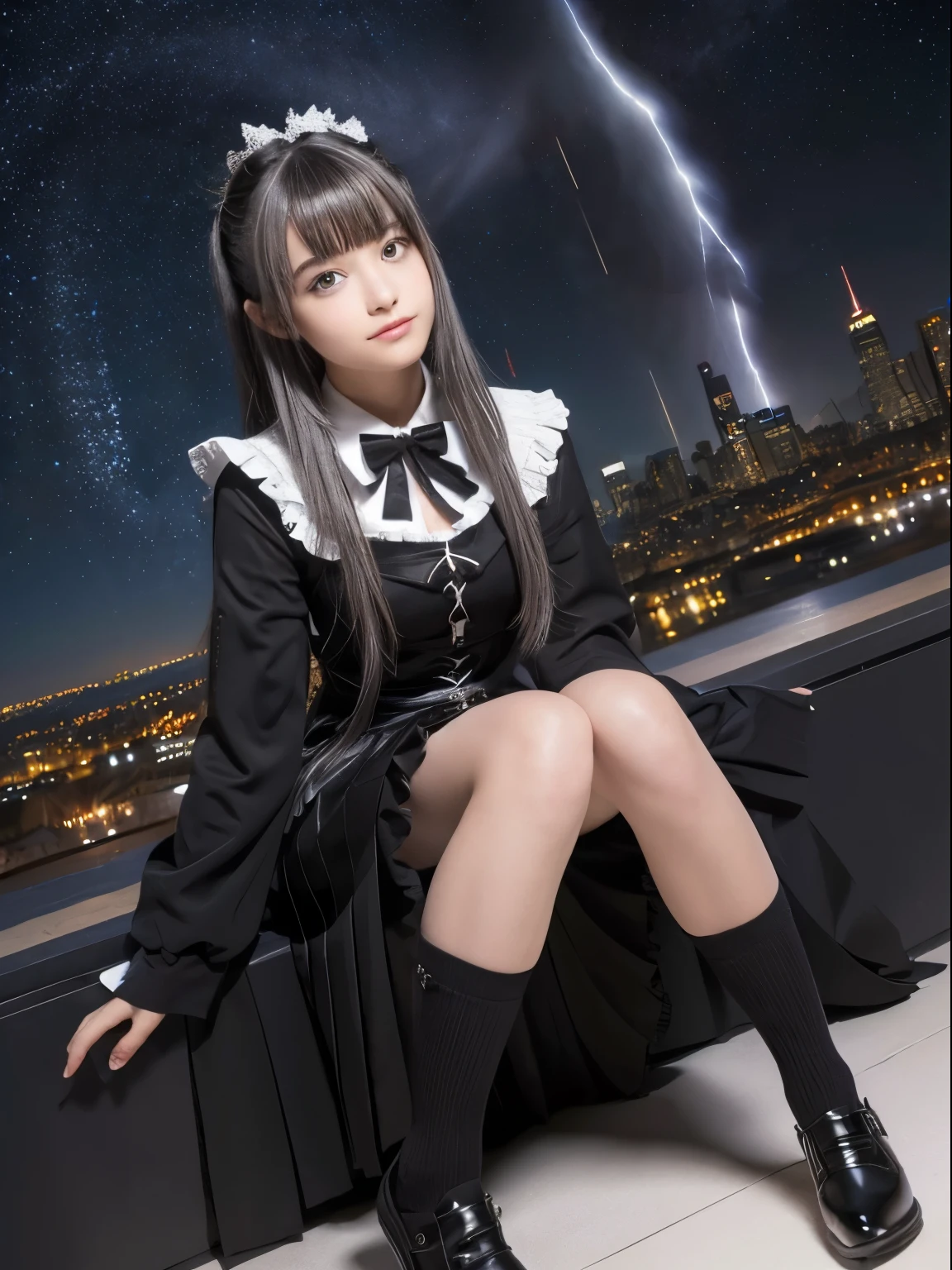 ((masterpiece)), (((highest quality))), ((Very detailed)), ((shape)), ((Disheveled Hair)), Beautiful details, (One Girl:1.2), (alone), Dynamic Angle, Black Magician Girl, (Black knee-high socks:1.1), (Starry sky tornado:1.4), nebula, ((Frills)), Beautifully detailed skies, Beautiful details, Wicked Smile, Expressionless, Hair between the eyes, Gray Hair, Pleated skirt, ((Disheveled Hair)),16 years old,nfsw