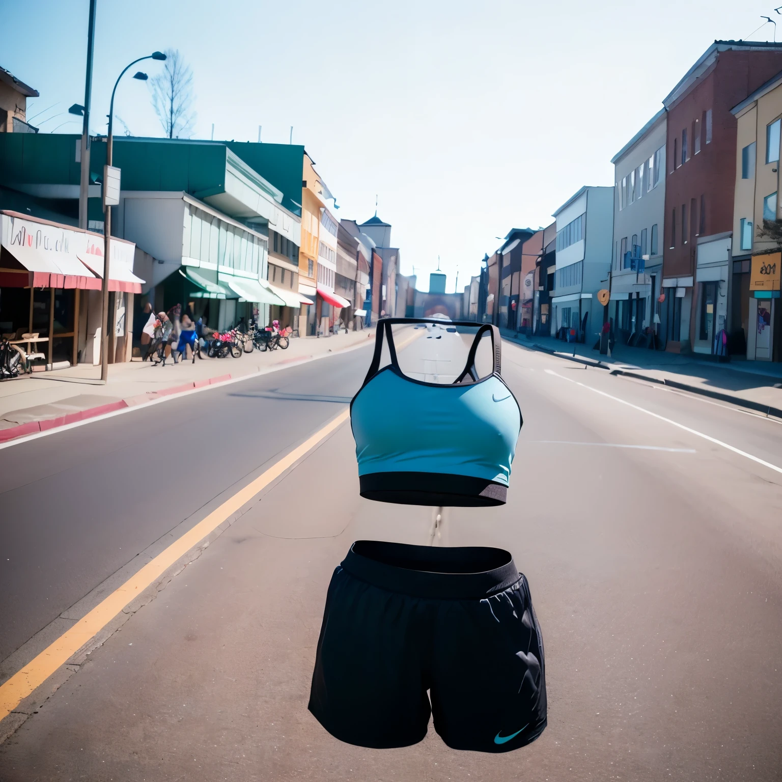 running wear, sports bra, from back, short pants, cute big breasts, (invisible, no human, headless, handless:1.5), (8k, RAW photo, best quality, masterpiece:1.2), (realistic, photo-realistic:1.37), photon mapping, radiosity, ((Hasselblad photography)), physically-based rendering
