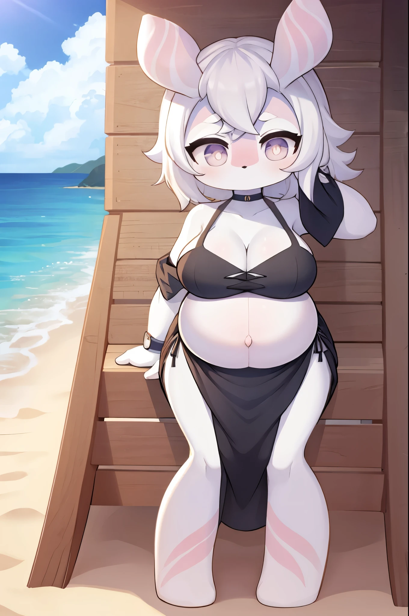 Lovely,Pure white skin,White hair,Slim,Detailed abdomen,Big breasts,girl,White belly-baring dress,Occlusive,Black skirt,(background:beach), pregnant,Showing belly