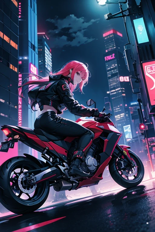 Badass cyberpunk anime girl, motocycle neon lit futuristic cityscape at night