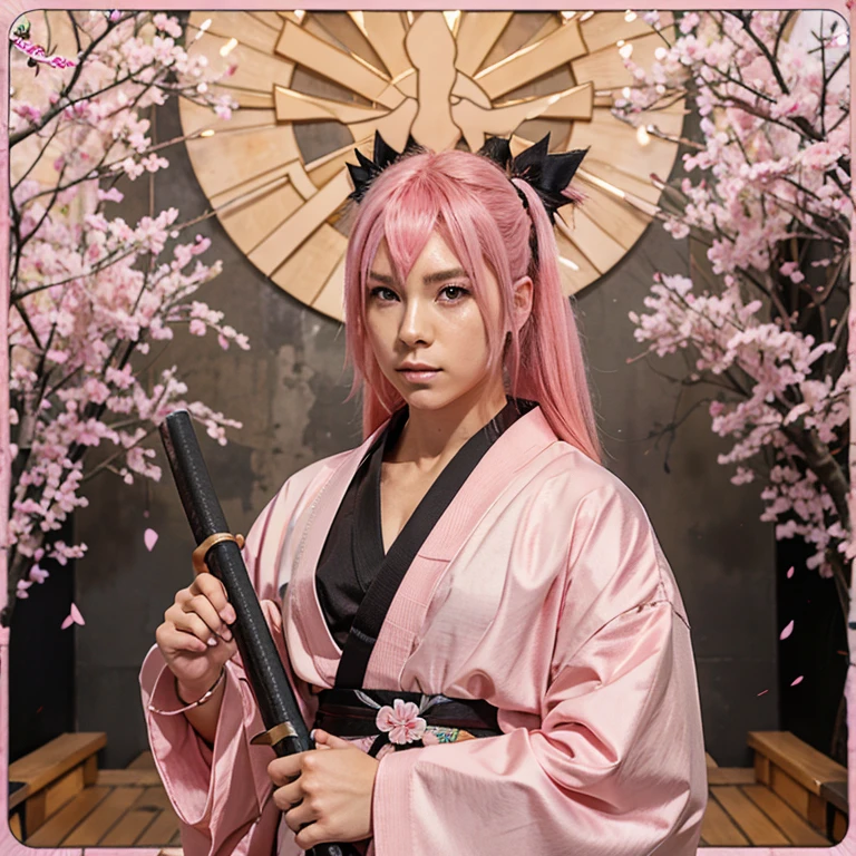 Male anime character with pink hair, wearing Japanese clothes, holding a katana.