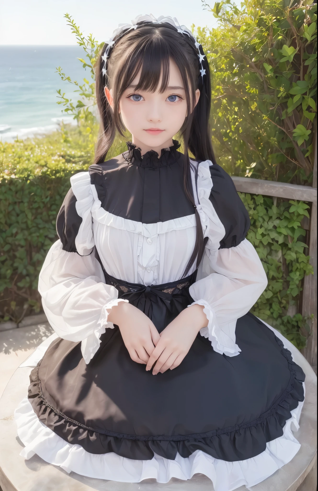 ((masterpiece)), ((highest quality、Ultra high definition)), (Very detailed),8K、Photo quality、((Amazingly cute girl)), 16-year-old girl, Two people, , (Beautiful Blue Eyes), smile,In the open-air bath overlooking the sea, Beautifully arranged black hair in a ponytail、whole body、(White see-through Gothic Lolita outfit)、