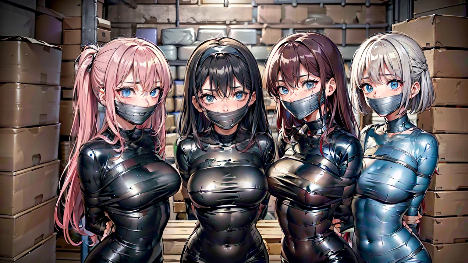  ((Imprisoned in a warehouse)), ((4 women)), duct tape, gagged, mummification, arms behind back, (Highly detailed CG Unity 8k), (highest quality)，(Very detailed)，(Ultra-high resolution), ************, Black Hair, duct tape blindfold, mummified, ((Duct tape is used to restrain the whole body.:1.2)), blindfold, ((Cover your face completely with duct tape:1.2)), Hands tied behind back, 1人目はBlack Hairロングヘアー, The second person has brown hair and a bob cut., The third person has medium-long red hair., The fourth person is a silver-haired ponytail., BDSM, ((head band)), Four people huddle together,