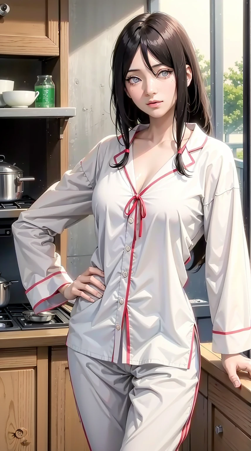 hyuuga hanabi, long hair tied low, hair band, hana purple eyes, beautiful, beautiful woman, perfect body, perfect breasts, wearing white pajamas, pajamas, sleepwear, in the kitchen, clear kitchen, looking at the audience, a slight smile, realism, masterpiece , textured leather, super detail, high detail, high quality, best quality, 1080p, 16k
