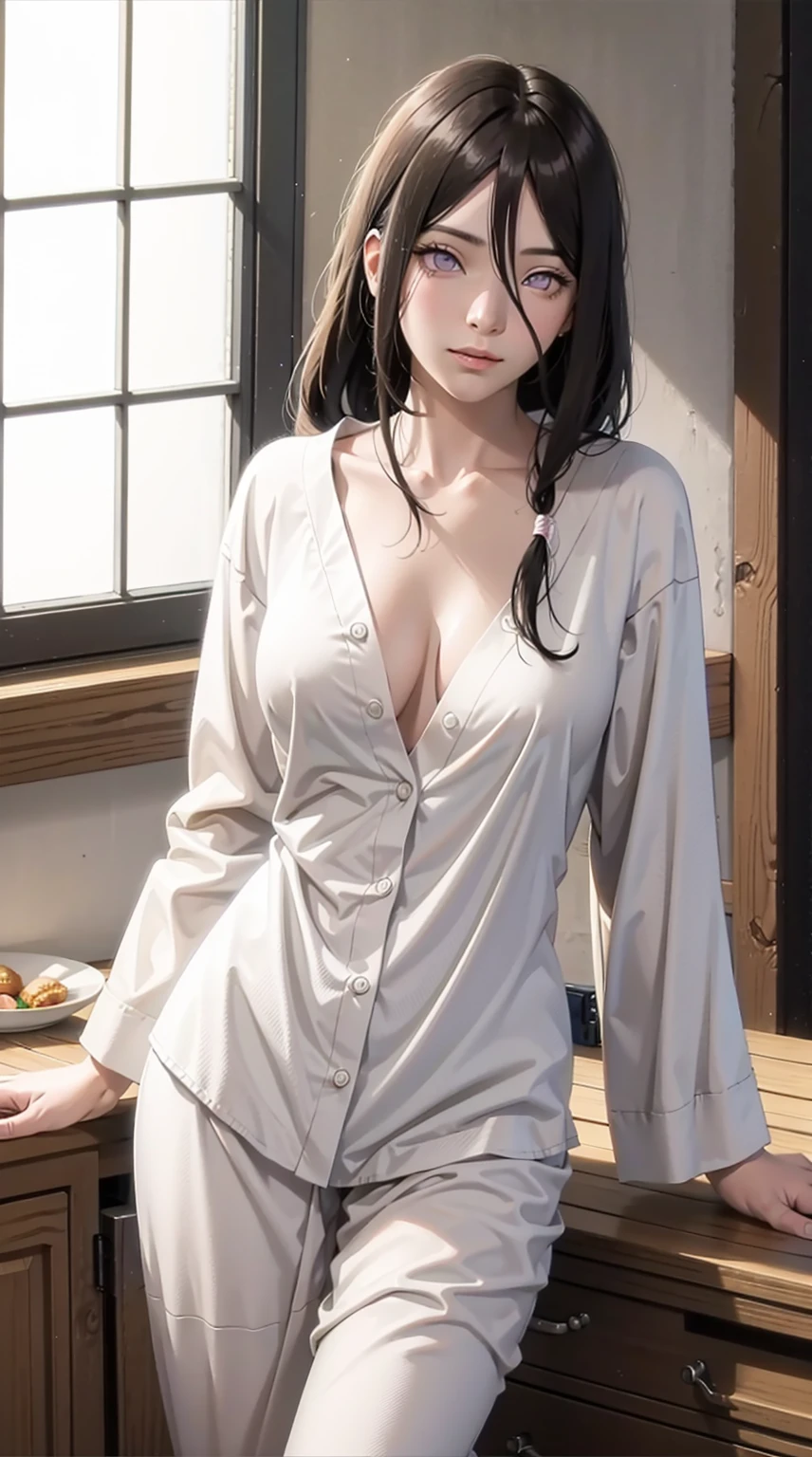 hyuuga hanabi, long hair tied low, hair band, hana purple eyes, beautiful, beautiful woman, perfect body, perfect breasts, wearing white pajamas, pajamas, sleepwear, in the kitchen, clear kitchen, looking at the audience, a slight smile, realism, masterpiece , textured leather, super detail, high detail, high quality, best quality, 1080p, 16k