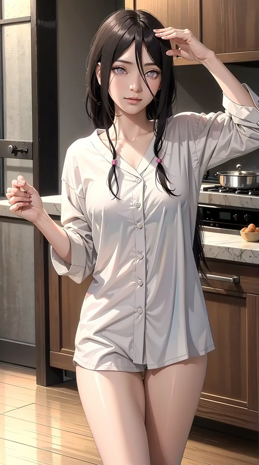 hyuuga hanabi, long hair tied low, hair band, hana purple eyes, beautiful, beautiful woman, perfect body, perfect breasts, wearing white pajamas, pajamas, sleepwear, in the kitchen, clear kitchen, looking at the audience, a slight smile, realism, masterpiece , textured leather, super detail, high detail, high quality, best quality, 1080p, 16k