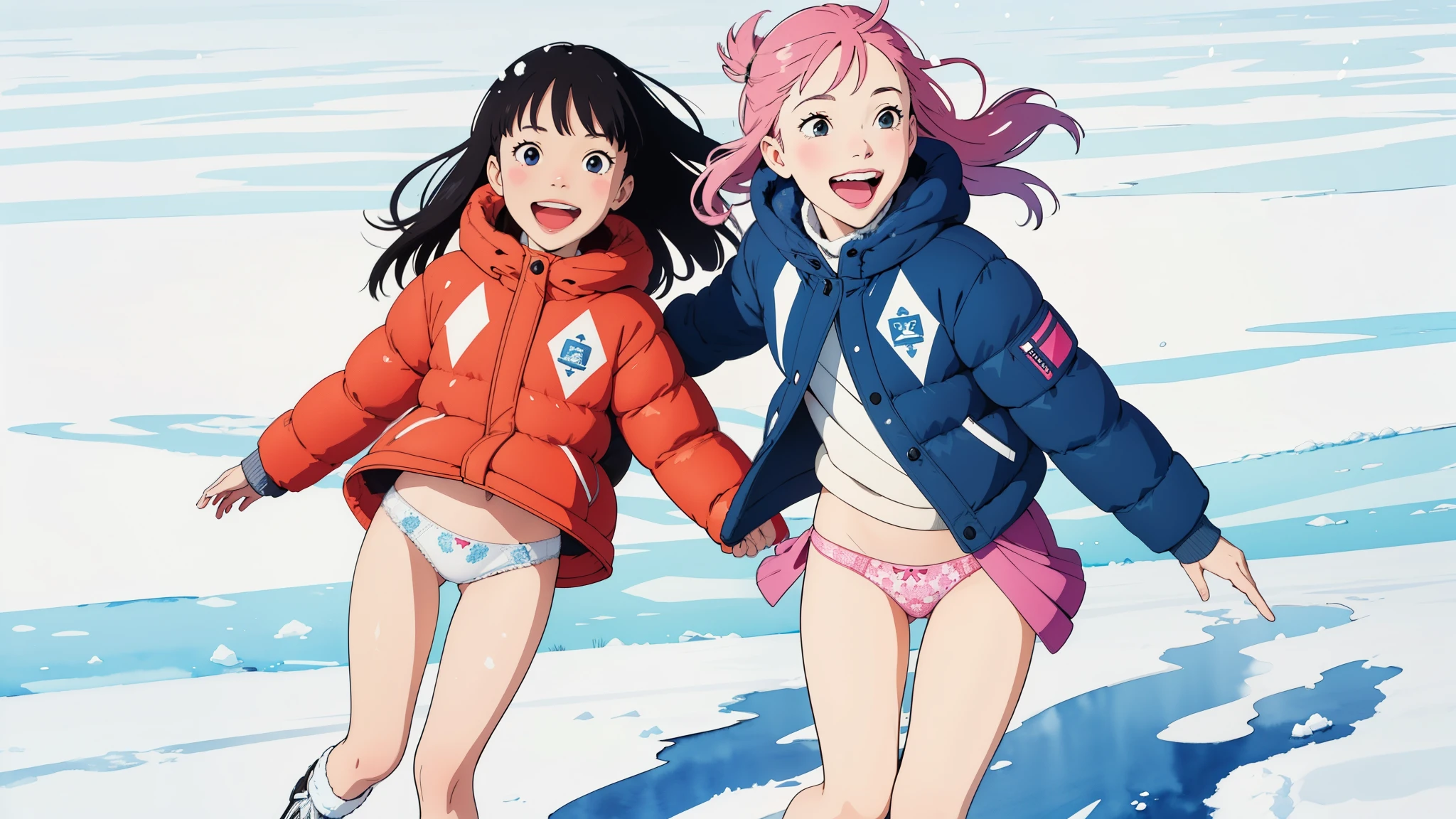 (superflat, flat shading, flat colors), (closeup), mother and daughter, down jacket, (white printed panties for kids), no skirt, long hair, ice skating, smile, laugh, fun, play, winter, snow, bright, wide angle, vibrant colors, watercolor, ghibli style