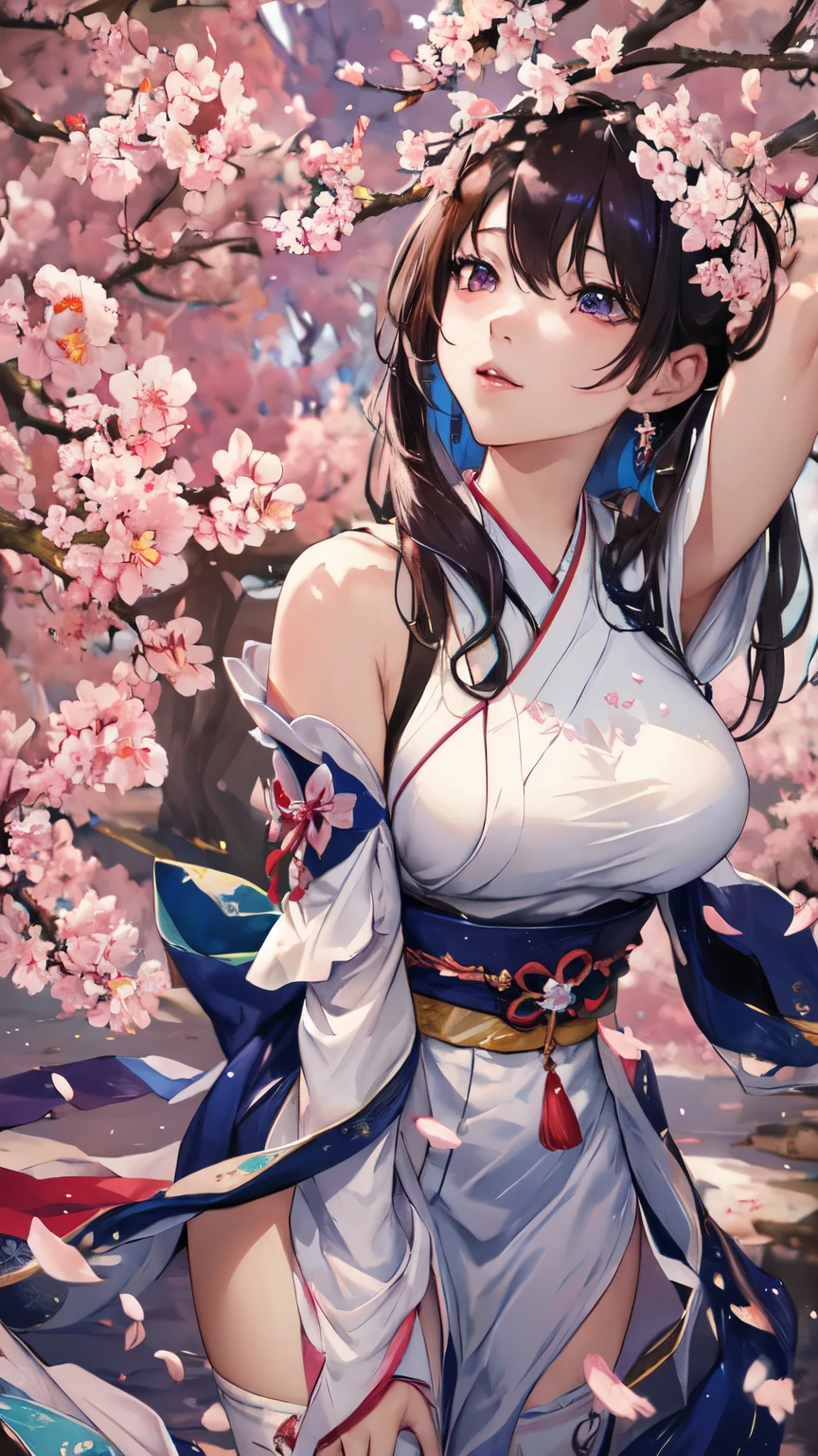 8k, (masterpiece, top quality, beautiful and aesthetic:1.2), (big breasts:0.7), glowing body, sakura, 1girl, solo, hanbok, falling sakura petals, full body, sexy