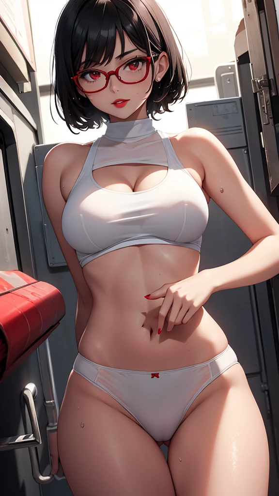 beautiful girl, 18 years old,Short hair, shoulder length,black hair, big breasts,wet, sweat, camel toe, red lips ,Wear glasses,
White underwear, sexy pose,
red eyes, Shoot a red beam,