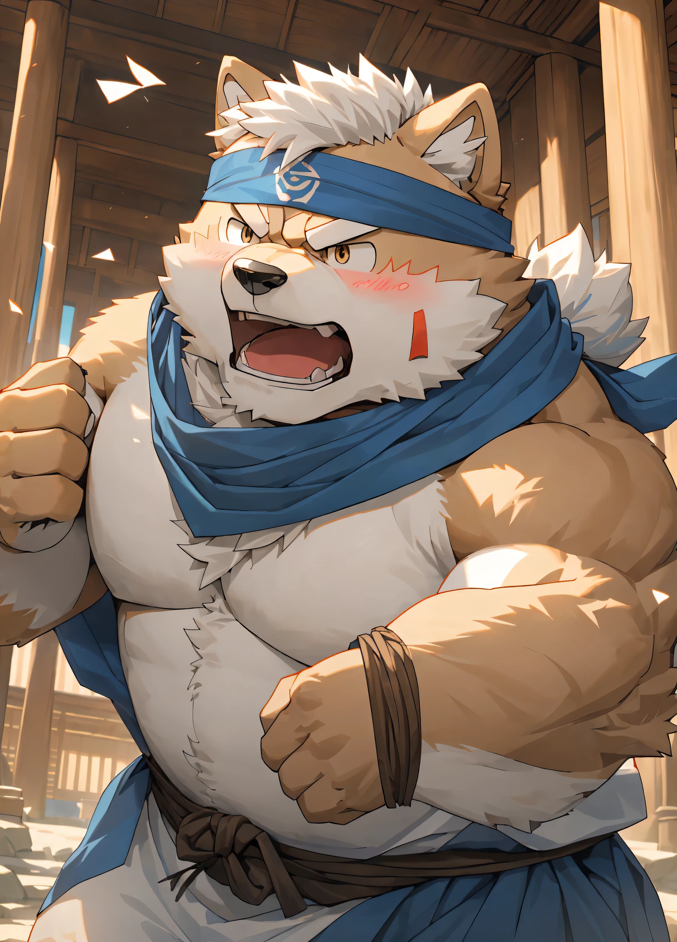 (masterpiece),(Very detailed),(best quality),hairy,Shiba Inu,fur,white hair,Gray pupil,(Japan samurai attire),((blue scarf)),((Brown Headband)),(blush:1.1),(angry),((Fierce expression)),Temple Background,8k,(high quality),(Ultra HD),(Super detailed)
