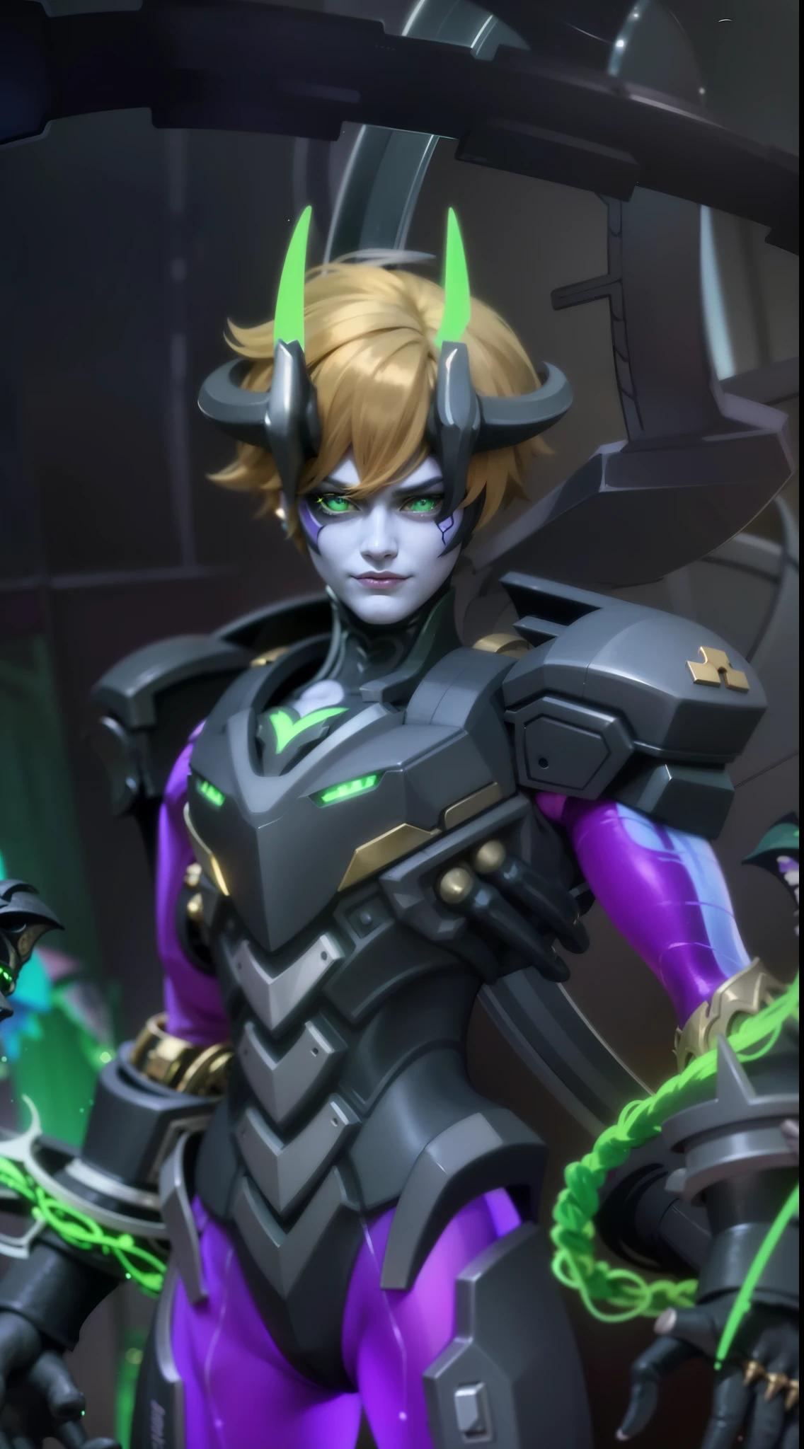 a close up of a person in a purple and green outfit, Masterpiece, ultra HD, detailed all picture, a close up of a devil, dyrroth from mobile legend, evil, extremely detailed artgerm, mobile legends character, inspired by Dyrroth, Six pack chest and abs, black jewel above the chest, light green eyes.