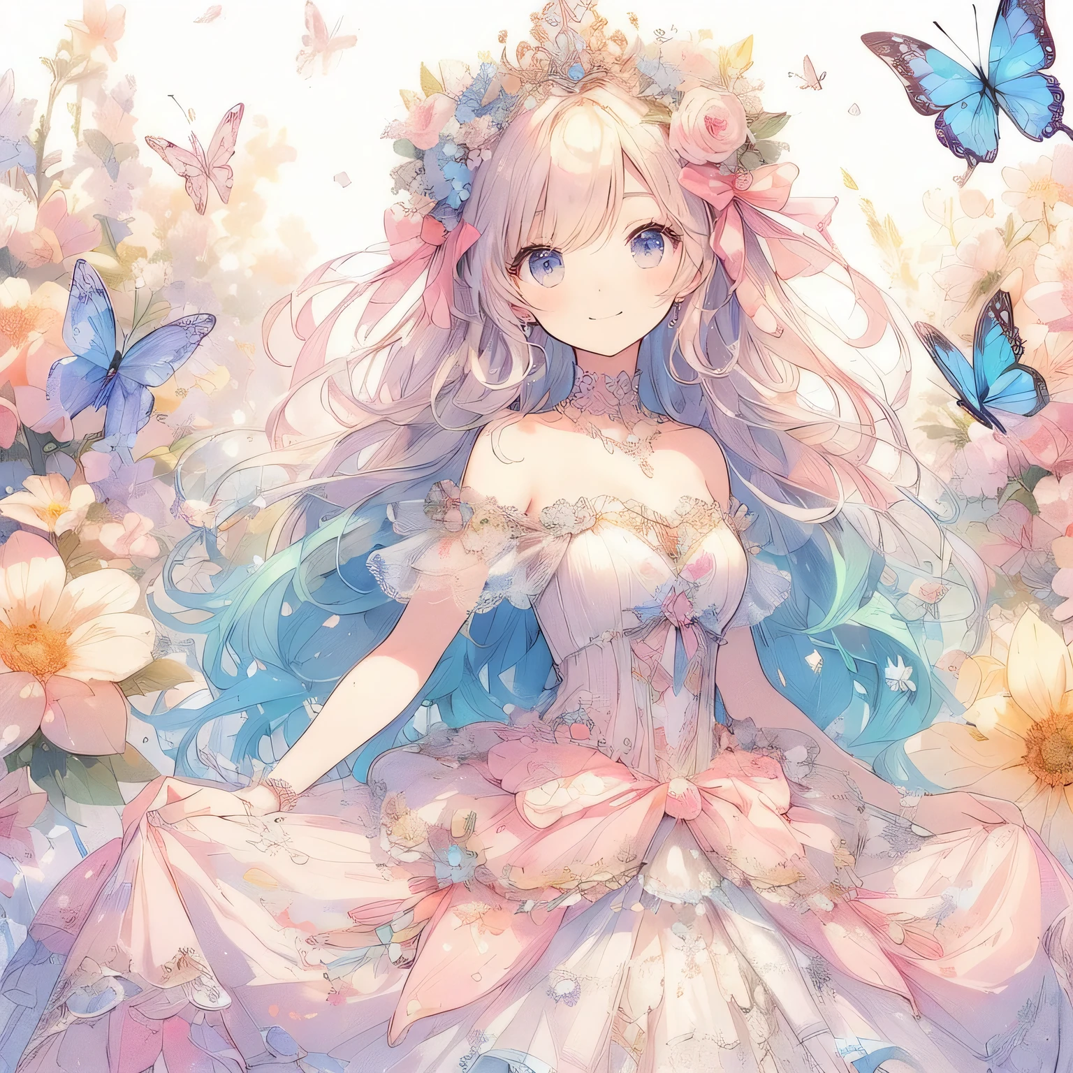 (Exquisite, beautiful, Very detailed, masterpiece, High resolution,high quality,High resolution),(Well-formed face,Soft and thin lines: 1.2, beautiful, Delicate and vivid illustrations with a mature and clear feel) ,(A princess with fairy wings like a butterfly is holding flowers she picked in a flower field under a big rainbow, the sun, and a beautiful blue sky.), ((Ultra Wide Shot, Ultra-wide angle of view,whole body)) ((fun, looks fun,smile,Full of energy)), (corolla, Earrings, Beautiful choker,), ((pastel colourのボールガウンドレス, Balloon Sleeve,Fairy wings from the back)), (Deep pink cheeks、Plump pink lips,Big Bus, Fair skin, Good style), (Light of the sun, pastel colour, Bright atmosphere, colorful, Bright colors,Fantasy),