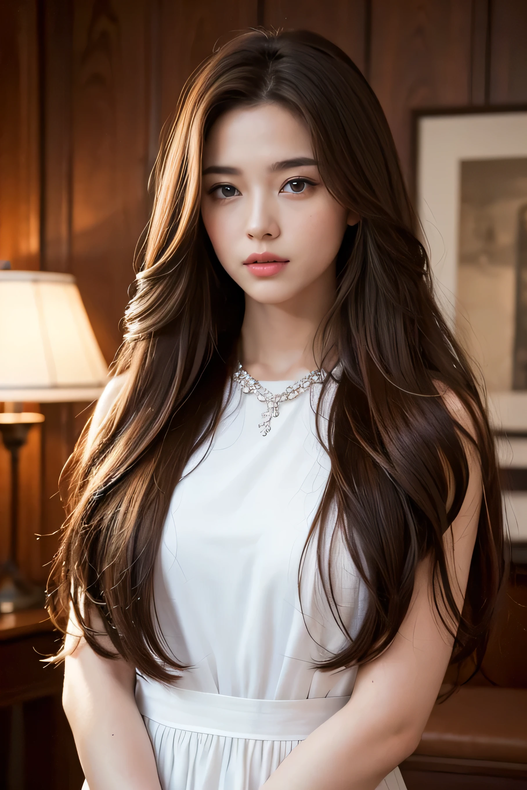 highest quality, masterpiece, 8k, Ultra-high resolution, (Realistic: 1.4), 1 girl, Beautiful Face, Symmetrical eyes, big, Perfect Body Proportions, ((Long Hair))、((Brown Hair)), The viewer&#39;s gaze, (president&#39;office、Blurred Background), Front view, Absolute area (1.3),A kind smile、Seems kind、Cowboy Shot、((standing on a windswept rooftop during sunset, overlooking a cityscape:1.3)),((light rays,Tyndall effect,outdoor,cloud:1.4)), ((wearing Floral blouse :1.3))、((wearing blue flared mini skirt:1.3)),((In a crowded café at dusk:1.3))