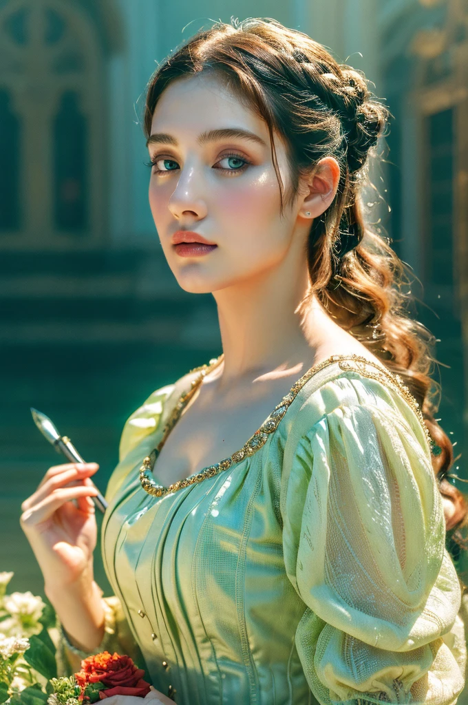 ( masterpiece, top quality, best quality,8k,17 years old girl,ultra detailed,raw photo:1.5),(photorealistic:1.4),(cinematic lighting), PerfectNwsjMajic, , Surrealism, UHD, ccurate, Super detail, textured skin, High detail, Best quality, dynamic angle, (high nose,White skin),[Beautiful blue eyes],(1girl),(good anatomy:0.5)), a woman in a dress, rococo queen, rococo fashion, rococo style portrait,rococo dress, rococo cyberpunk, No estilo de arte de Bowater, Senhora Vitoriana, Dreamy atmosphere,expressive brush strokes, mystical ambiance, Artistic interpretation, a whimsical illustration, Subtle colors and tones, face, (loose hair)