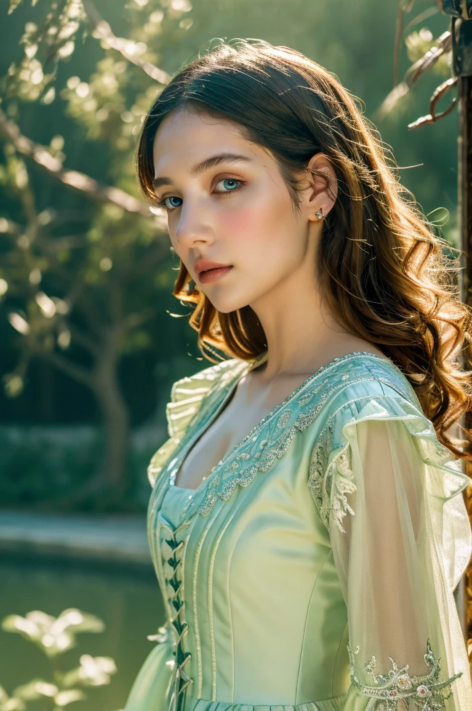 ( masterpiece, top quality, best quality,8k,17 years old girl,ultra detailed,raw photo:1.5),(photorealistic:1.4),(cinematic lighting), PerfectNwsjMajic, , Surrealism, UHD, ccurate, Super detail, textured skin, High detail, Best quality, dynamic angle, (high nose,White skin),[Beautiful blue eyes],(1girl),(good anatomy:0.5)), a woman in a dress, rococo queen, rococo fashion, rococo style portrait,rococo dress, rococo cyberpunk, No estilo de arte de Bowater, Senhora Vitoriana, Dreamy atmosphere,expressive brush strokes, mystical ambiance, Artistic interpretation, a whimsical illustration, Subtle colors and tones, sunny,face, (loose hair)
