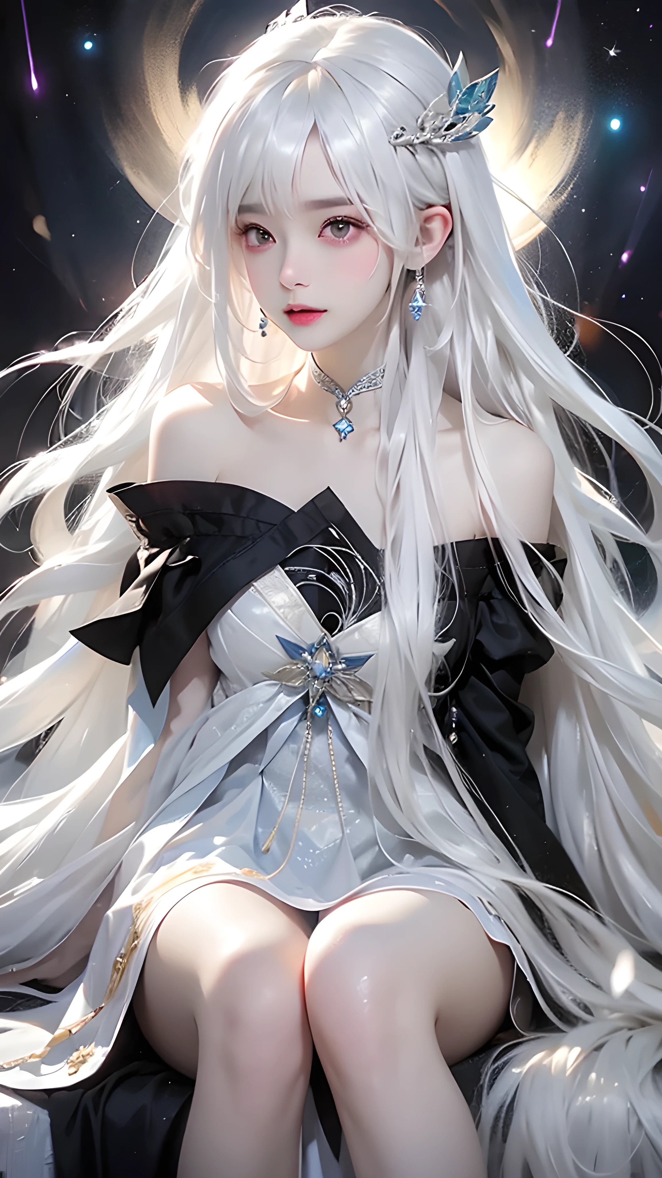 (((From this knee up)), Night view, Stella, (((masterpiece:1.5, detailed:1.4)), top view, Backlight, A fantastic atmosphere envelopes this ancient city as this sun sets。At this center of this magical moment is a woman、(White hair girl:1.5)and、Her beautiful hair、(Backlight)A shimmering white waterfall flows down from below.。Exudes mysterious charm、Suspended particles bloom in this surrounding air、Her beauty、(Beautiful white and shining skin:1.3)Exudes a mysterious glow。this((A dress as black as this night sky))It is beautiful and decorated、The off-shoulder design makes the overall look more feminine.