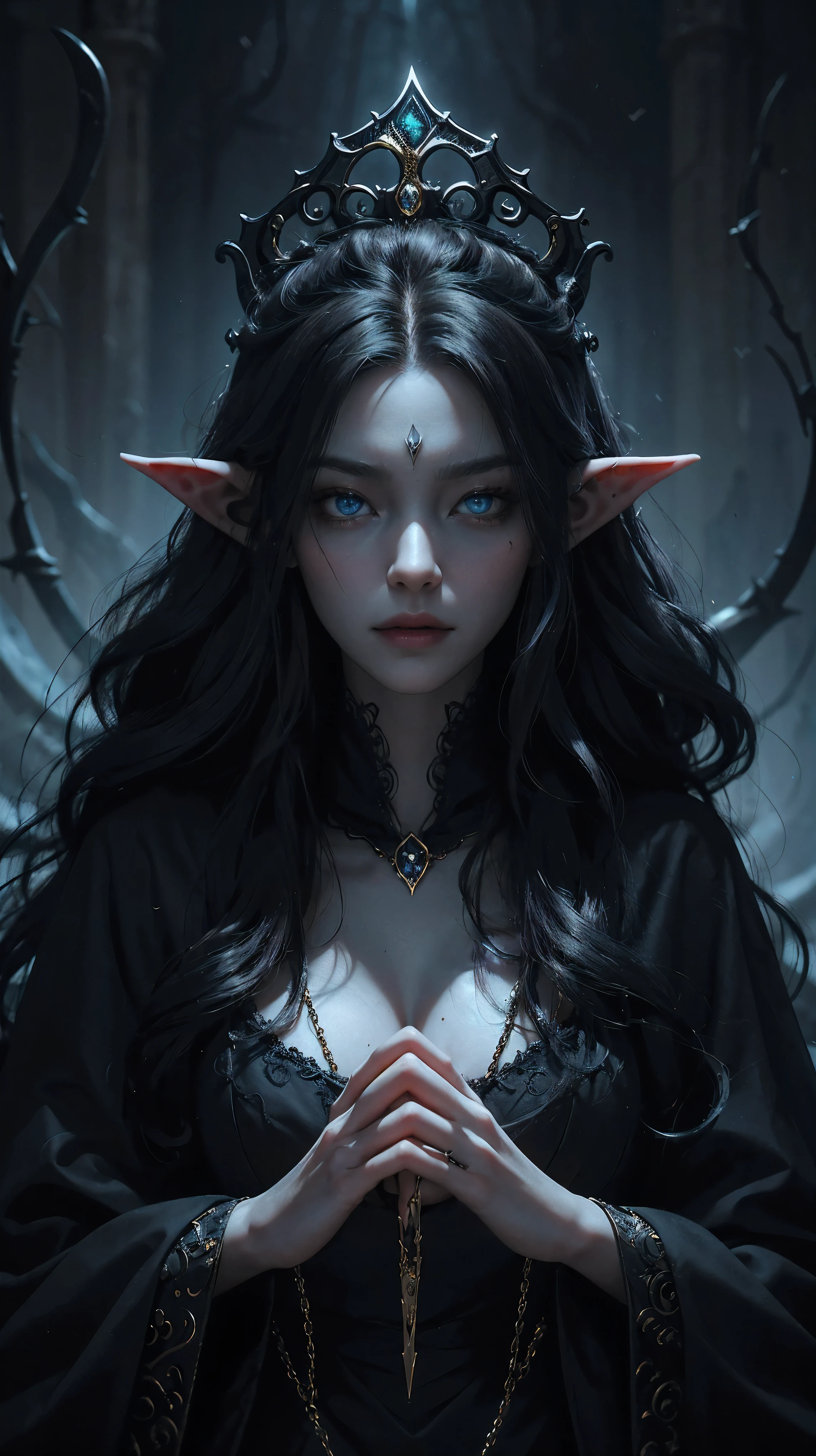 A malevolent elf sorcerer exuding malice and thirst for revenge, her dark magic and godly power evident in the sinister aura surrounding her. The eerily calm features of her face reflect the depths of her evil intent, with glowing blue eyes that seem to pierce through one's soul a juxtaposyition to her flowing pink wavy locks that scream innocence. She is adorned with a black robe and delicate gold jewelry. This striking image, possibly a digital painting, captures the essence of her malevolence with impeccable detail and depth, drawing viewers into a world of dark fantasy and intrigue.