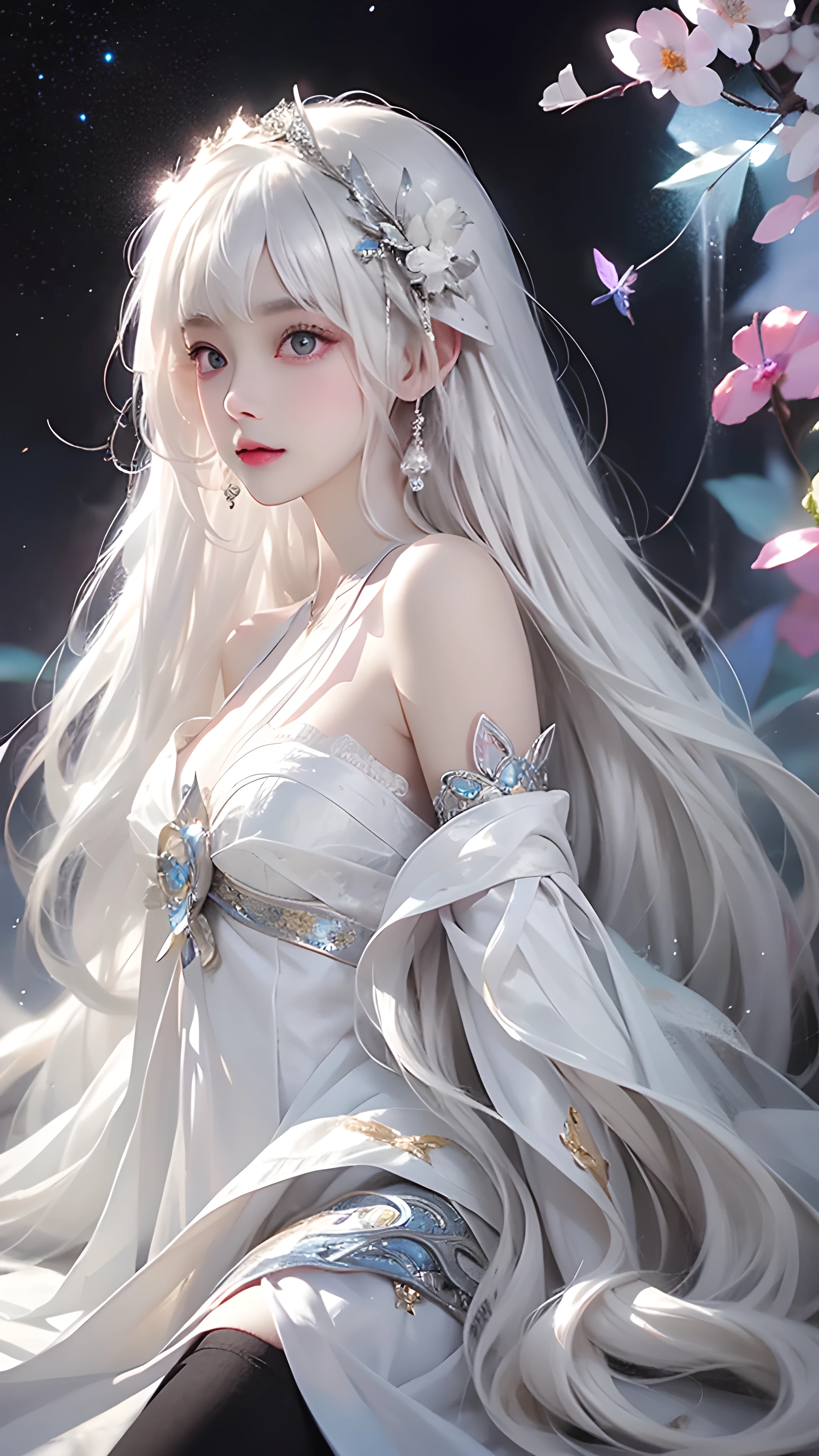 (((From this knee up)), Night view, Stella, (((masterpiece:1.5, detailed:1.4)), top view, Backlight, A fantastic atmosphere envelopes this ancient city as this sun sets。At this center of this magical moment is a woman、(White hair girl:1.5)and、Her beautiful hair、(Backlight)A shimmering white waterfall flows down from below.。Exudes mysterious charm、Suspended particles bloom in this surrounding air、Her beauty、(Beautiful white and shining skin:1.3)Exudes a mysterious glow。this((A dress as black as this night sky))It is beautiful and decorated、The off-shoulder design makes the overall look more feminine.