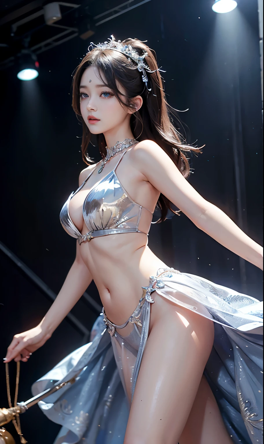 (highest quality, masterpiece, 超A high resolution), whole body、Show your shoulders、See-through idol costumes、K-POP idol costumes、Stage Costumes、fashion show、bold、innovative、Unconventional、Professional camera work:1.4, Very detailedな肌と顔の質感:1.3, Cultivate light effects, Very detailed, Model Body Type、Beautiful girls、attractive appearance:0.8 necklaces、Looking at the audience、Inviting eyes、 Beautiful Face、 (Detailed face:1,5),  (Beautiful Eyes:1.5)、belly button、thigh、look back、Beautiful back、Stick your butt out、Beautiful arms
