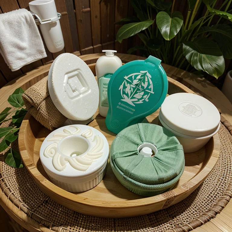 Image description: A graphic representation showcasing various biodegradable personal hygiene products such as bamboo toothbrushes, shampoo bars, reusable cotton pads, and menstrual cups. Each product is surrounded by greenery and symbols representing sustainability and environmental consciousness.]