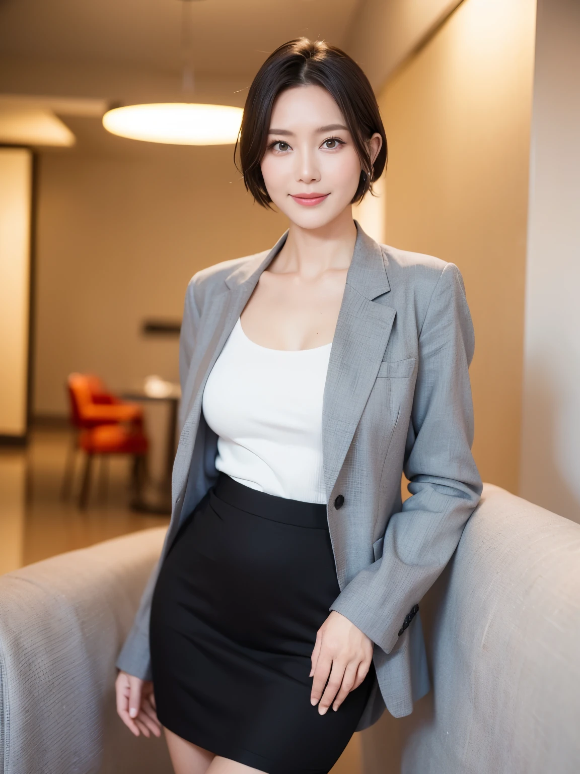 masterpiece,highest quality, (Mature Woman、42 years old), Glare, (Grey blazer), (White shirt:1.2), (Black pencil skirt:1.4)、double eyelid, eyelash, Lip gloss, (smile:1), (Looking at the audience、Whole body image、Are standing), (Modern hotel lobby:1.6)、Written boundary depth、尖ったRed Mouth、(Black wet shiny short hair),Red Mouth,clavicle、(Full body portrait:1.6)、Digital Illustration, (Photorealistic:1.3),(RAW Photos.)