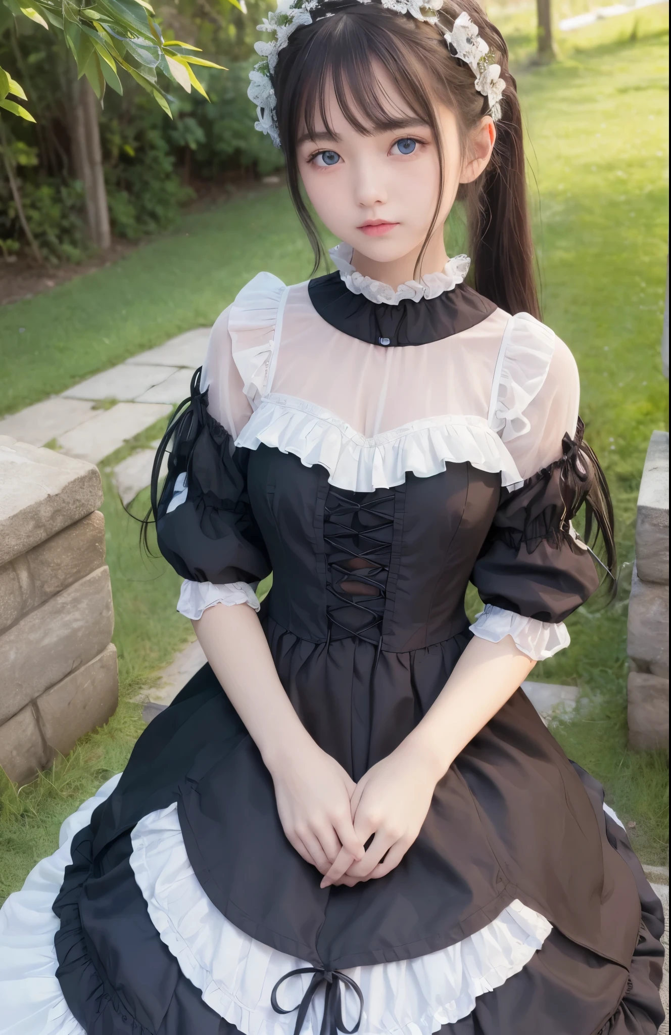 ((masterpiece)), ((highest quality、Ultra high definition)), (Very detailed),8K、Photo quality、((Amazingly cute girl)), -yeld gi Two people, , (Beautiful Blue Eyes), smile,In the open-air bath overlooking the sea, Beautifully arranged black hair in a ponytail、whole body、(White see-through summer gothic lolita outfit)、