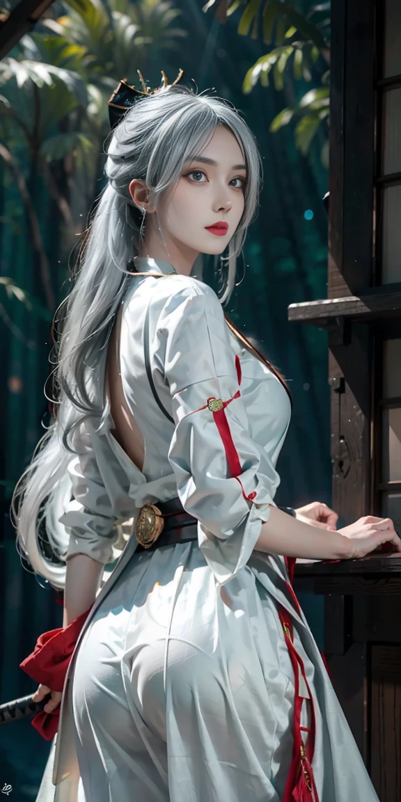 real, High resolution, soft Light,1 female, alone, Lift your butt, (Detailed face), we \(piece\), tattoo, jewelry,length_hair, fire Fly, Light_particle, 松wood_wood, Snowflake_background, Milky_method, antenna_firework, headgear, Place your arms behind your back, green_eye, Samurai sword