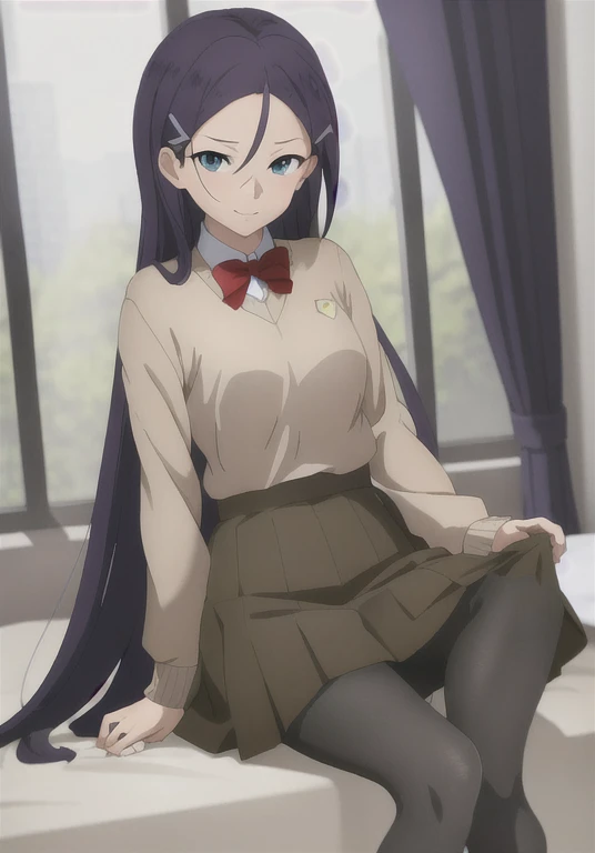 (((masterpiece))), (((highest quality))), Super detailed, ((sexy)), Spread your legs, Sitting, blush,window,curtain, thigh, [[Wet]], cute, 
On the bed, long hair,
前hair,blue eyes, Green Eyes,Red bow tie, (Black Pantyhose), Pleats_skirt, Brown_skirt, hair_ornament,  hairclip, Mid-chest,  Embarrassed expression,smile
