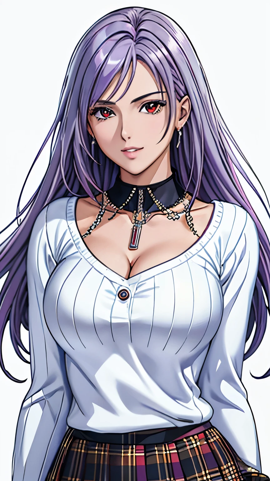 red eyes, (highest quality, masterpiece painting:1.3), immature woman, , (half body shot), masterpiece, ultra high resolution, (Photoreal:1.0), ((light purple hair)),straight hair, beautiful shining hair, white and shining skin, ((Ultra realistic details)), octane rendering, highly detailed face, (big breasts:0.8), (make a heart with hands), ((White sweater, Long sleeve, Black skirt, plaid skirts, Fashionable, 1 handbag, 1 diamond necklace)), open neckline, cleavage, perfect body, soft skin, White cherry blossom embroidery pattern, silver earrings, (pure white background:1.4), sharp focus, intricate details, professional artwork, (bright colors:1.1), bright colors, diffused lighting, digital blending, ultra-definition body, ultra detail hair, super detailed face, trending on pixiv, top button open, Cute gaze, compensate, perfect lips, perfect compensate, Ultra-precision coating, (light_smile:0.8), 