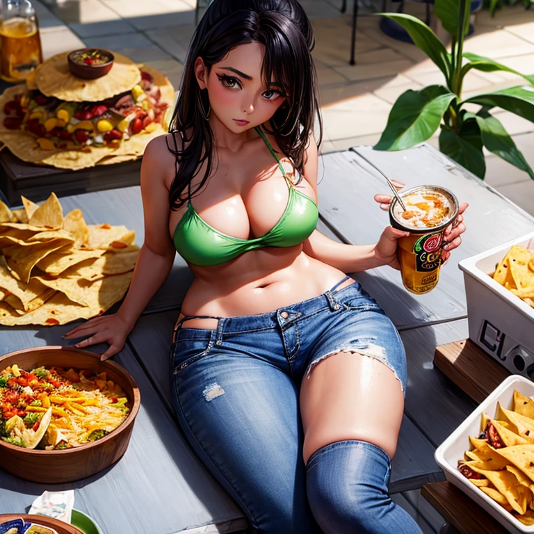 Mexican woman eating tacos, Mexican food stall tortillas and nachos Bikini and slim jeans highest quality Tequila and Corona beer on the table String Panties I can see your pants