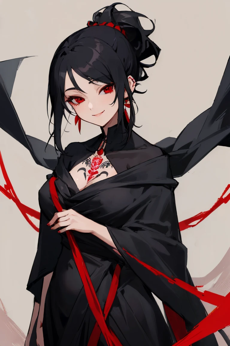 ((Highest quality)), ((masterpiece)), (be familiar with),One female,Black Hair,Red eyes,Black Dress,Chest tattoo, Uterus tattoo,Bewitching Smile,Heel,Black Hair,Hair tied around the neck,Red shawl,Erect nipples,(whole body),Slanted Eyes
