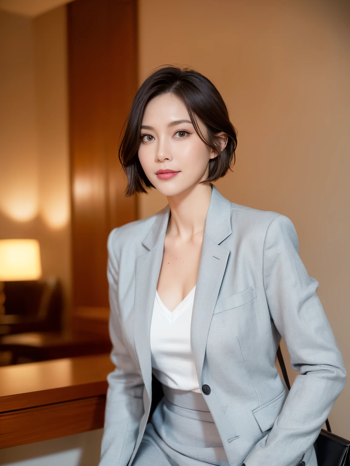 masterpiece,highest quality, (Mature Woman、42 years old), Glare, (Grey blazer), (White shirt:1.2), (Black pencil skirt:1.4)、double eyelid, eyelash, Lip gloss, (smile:1), (Looking at the audience、Whole body image、Are standing), (Modern hotel lobby:1.6)、Written boundary depth、尖ったRed Mouth、(Black wet shiny short hair),Red Mouth,clavicle、(Full body portrait:1.6)、Digital Illustration, (Photorealistic:1.3),(RAW Photos.)