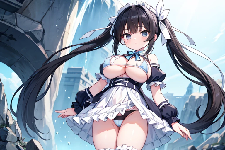 Big breasts girl、Light blue micro bikini only、Troubled face、Black hair in twin tails、White ribbon、Ruffled knee socks、Dark Eyes、Brown eyes、No underwear、White frilled loincloth