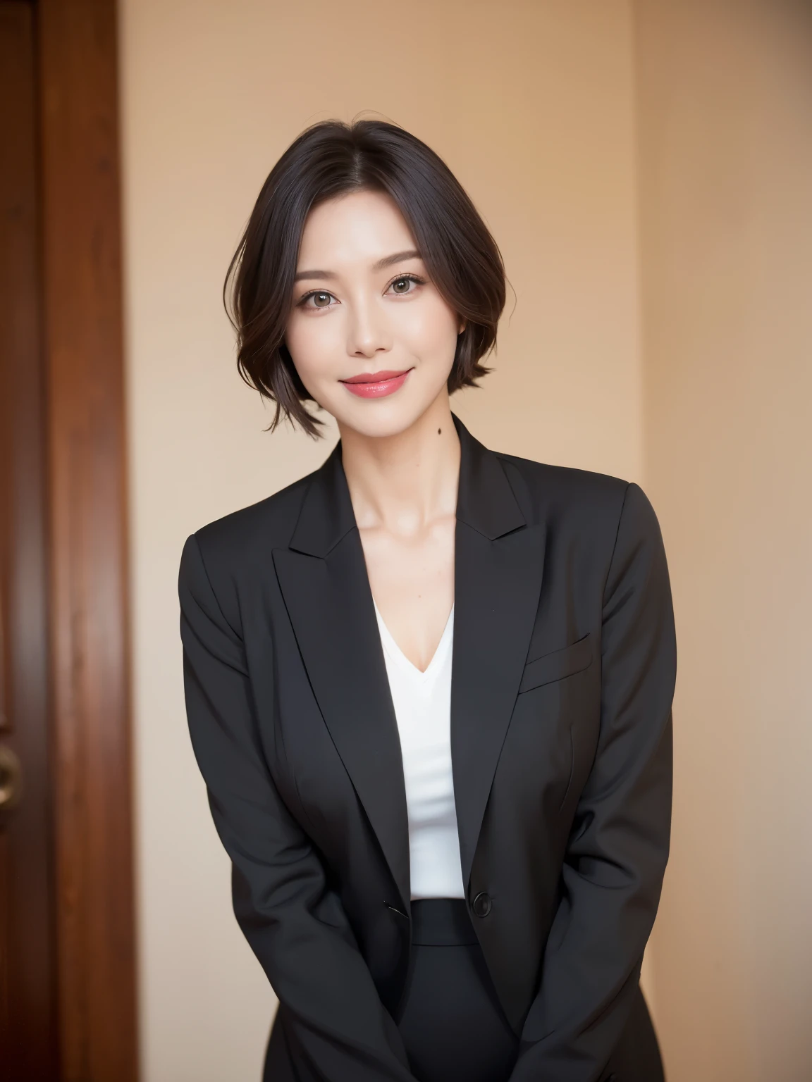 masterpiece,highest quality, (Mature Woman、42 years old), Glare, (Grey blazer), (White shirt:1.2), (Black pencil skirt:1.4)、double eyelid, eyelash, Lip gloss, (smile:1), (Looking at the audience、Whole body image、Are standing), (Modern hotel lobby:1.6)、Written boundary depth、尖ったRed Mouth、(Black wet shiny short hair),Red Mouth,clavicle、(Full body portrait:1.6)、Digital Illustration, (Photorealistic:1.3),(RAW Photos.)