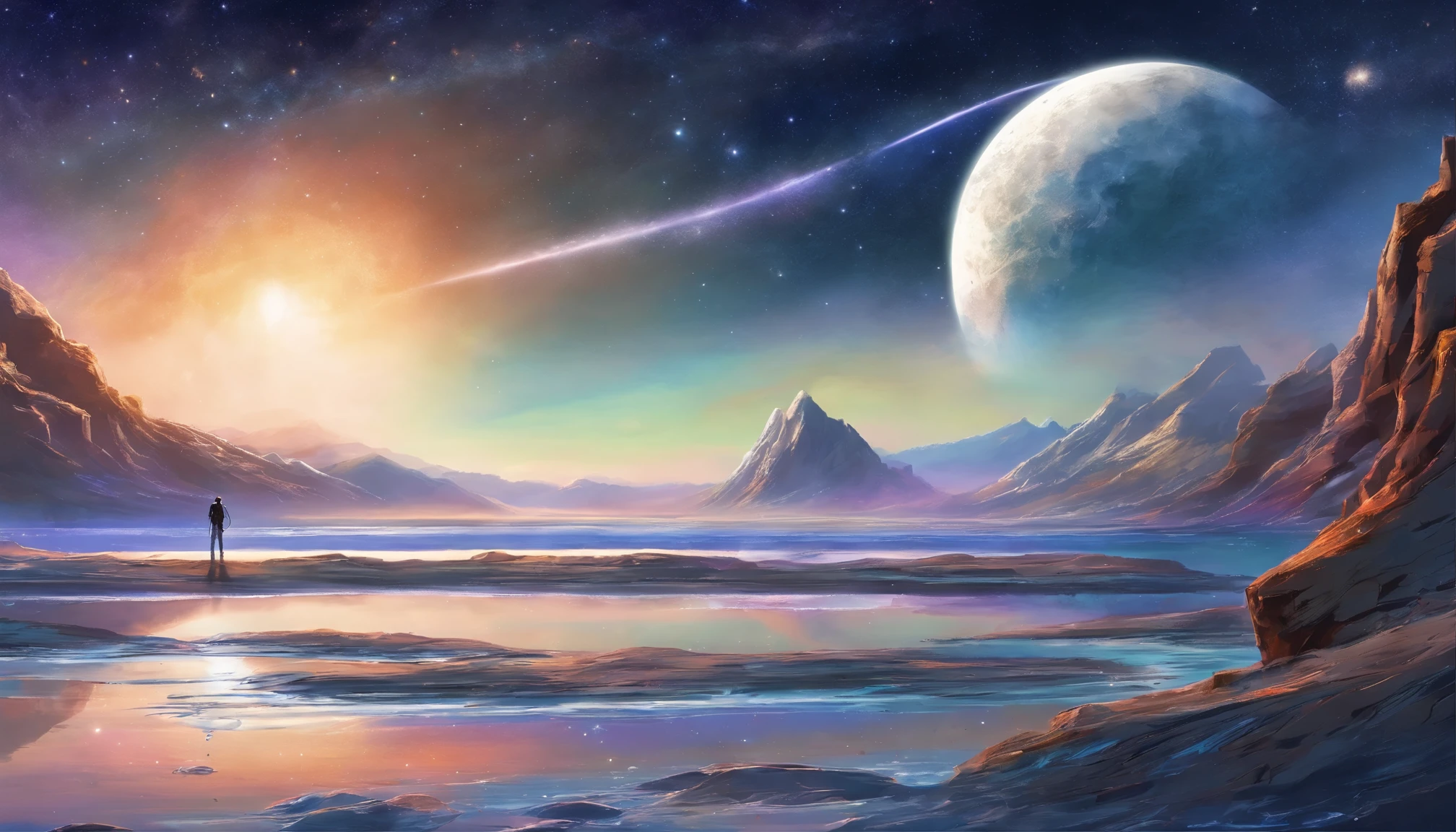 (masterpiece:1.2),Detailed Moon,Detailed Earth,Night view,peaceful atmosphere,Moon surface,Tranquil ocean,Natural landscape,Moonlight reflected on the water,Satellites orbiting the Earth,Starlight,celestial bodies in the sky,wonders of the universe,Gentle waves,Stellar Beauty,distant galaxy,Magnificent Universe,Stunning views,Astronomical phenomenon,Deep space,mysterious darkness,Quiet solitude,harmonious,Peaceful exploration of the unknown,Lunar exploration mission,Landing on the Moon,Unforgettable experience,outer space adventure,Discover,A miracle of nature,Astronomical miracle,cosmic tranquility,Starlight Romance,Watercolor illustration,Photorealistic art,Moonlight Dream,Ethereal Landscape,Bright colors,Hypnotic beauty,Image,Impressive clarity,Soft shine,Fantastic quality,Sparkling stars,Heavenly atmosphere